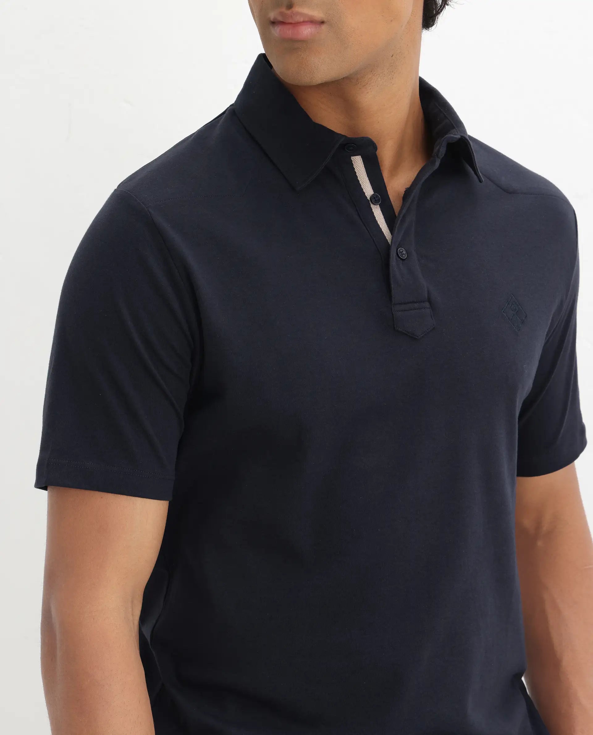 Rare Rabbit Men's Calix Navy Cotton Embroidered Regular Fit Half Sleeve Polo