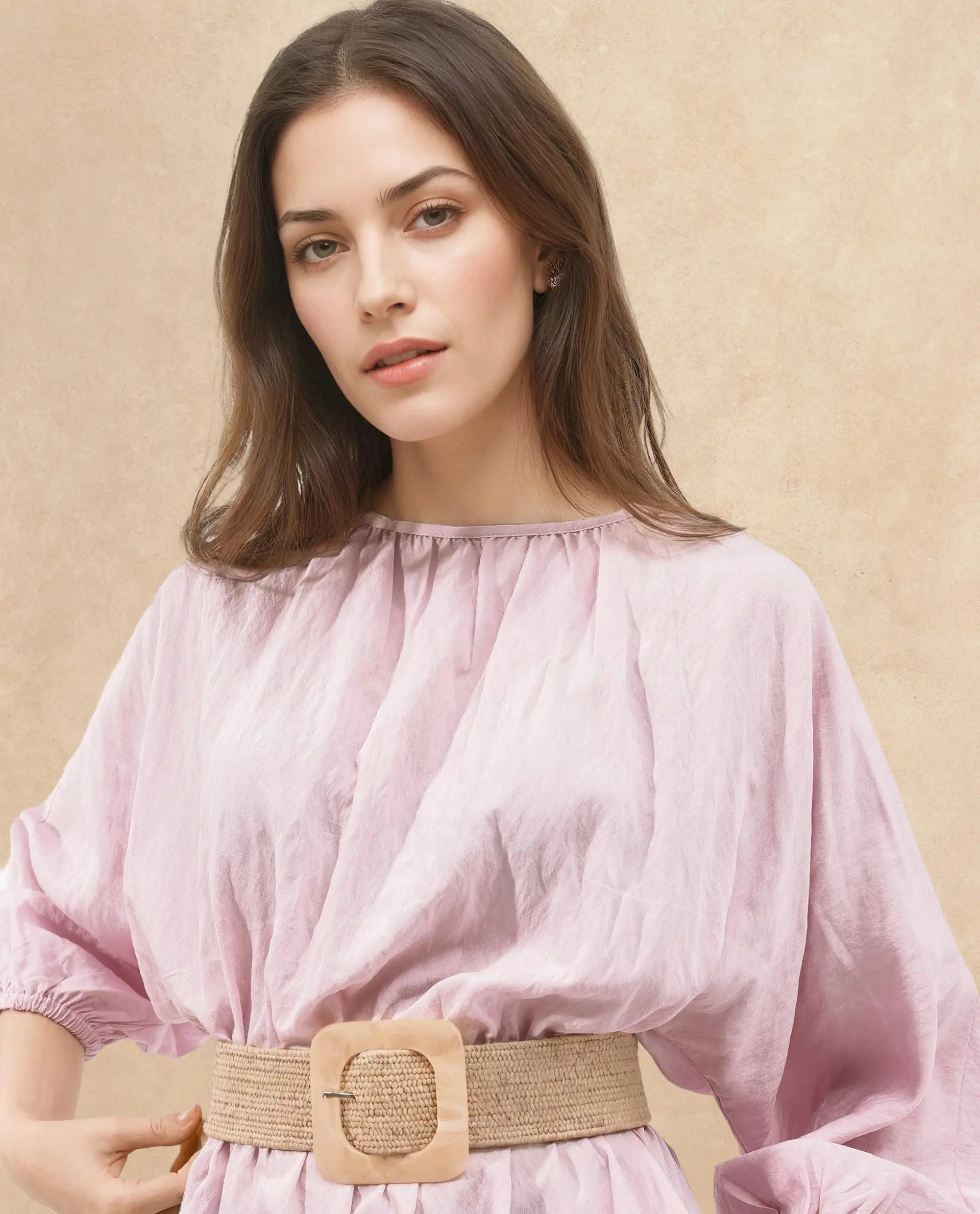 Rareism Women Callahan Pastel Purple Rayon Nylon Fabric Regular Sleeves Round Neck Solid Regular Length Dress