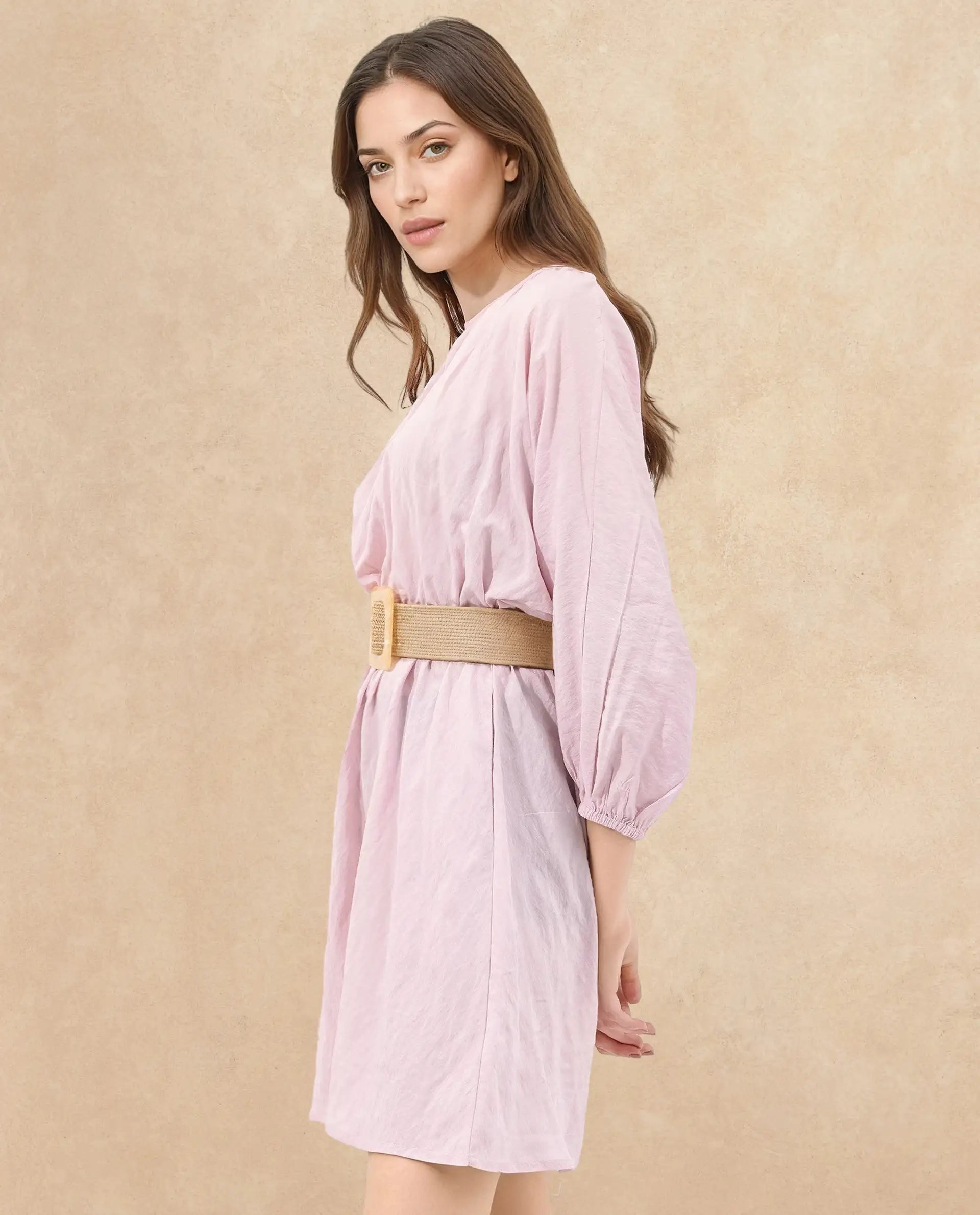 Rareism Women Callahan Pastel Purple Rayon Nylon Fabric Regular Sleeves Round Neck Solid Regular Length Dress