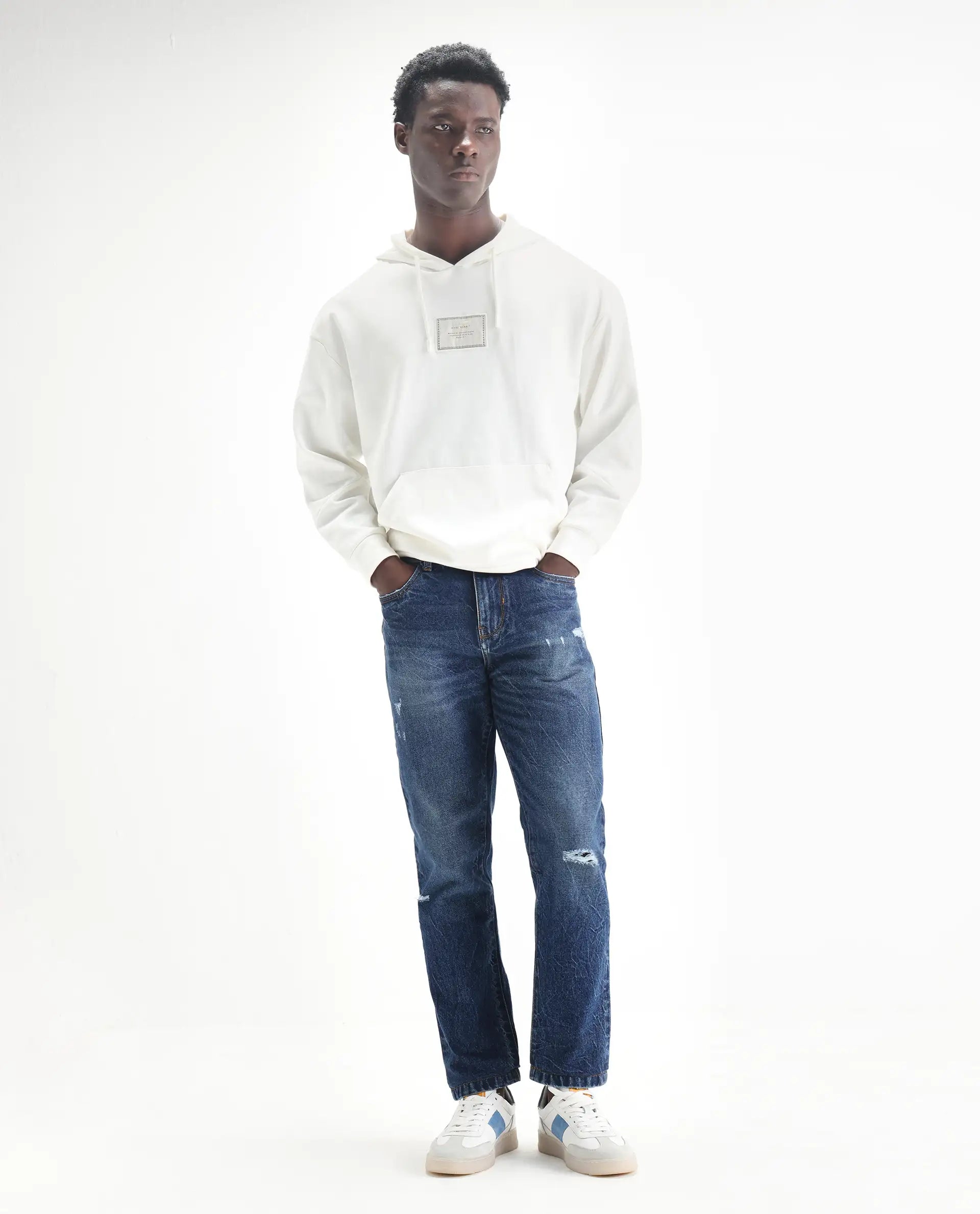 Rare Rabbit Mens Callip Blue Cotton Mid Wash Regular Fit Jeans