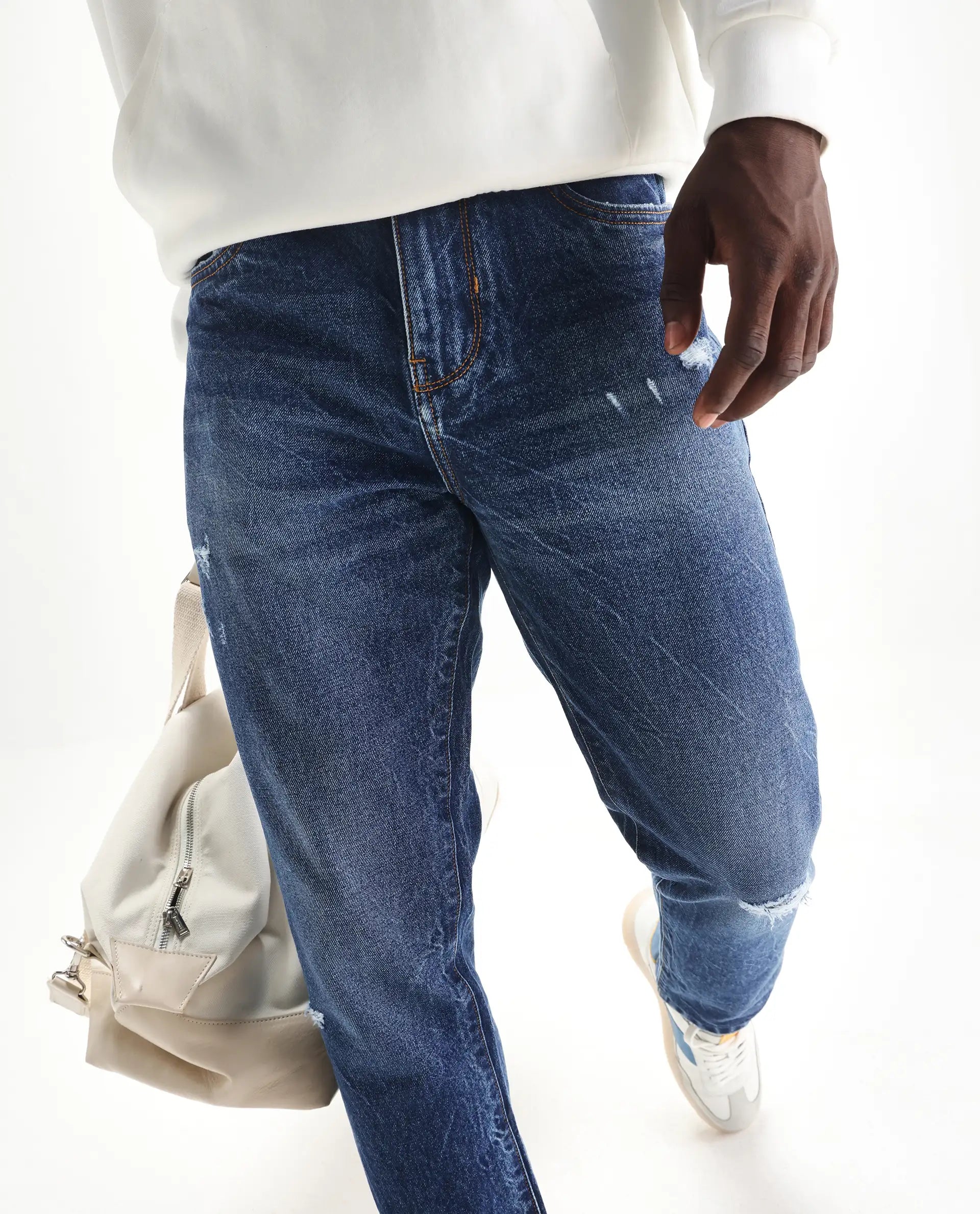 Rare Rabbit Mens Callip Blue Cotton Mid Wash Regular Fit Jeans