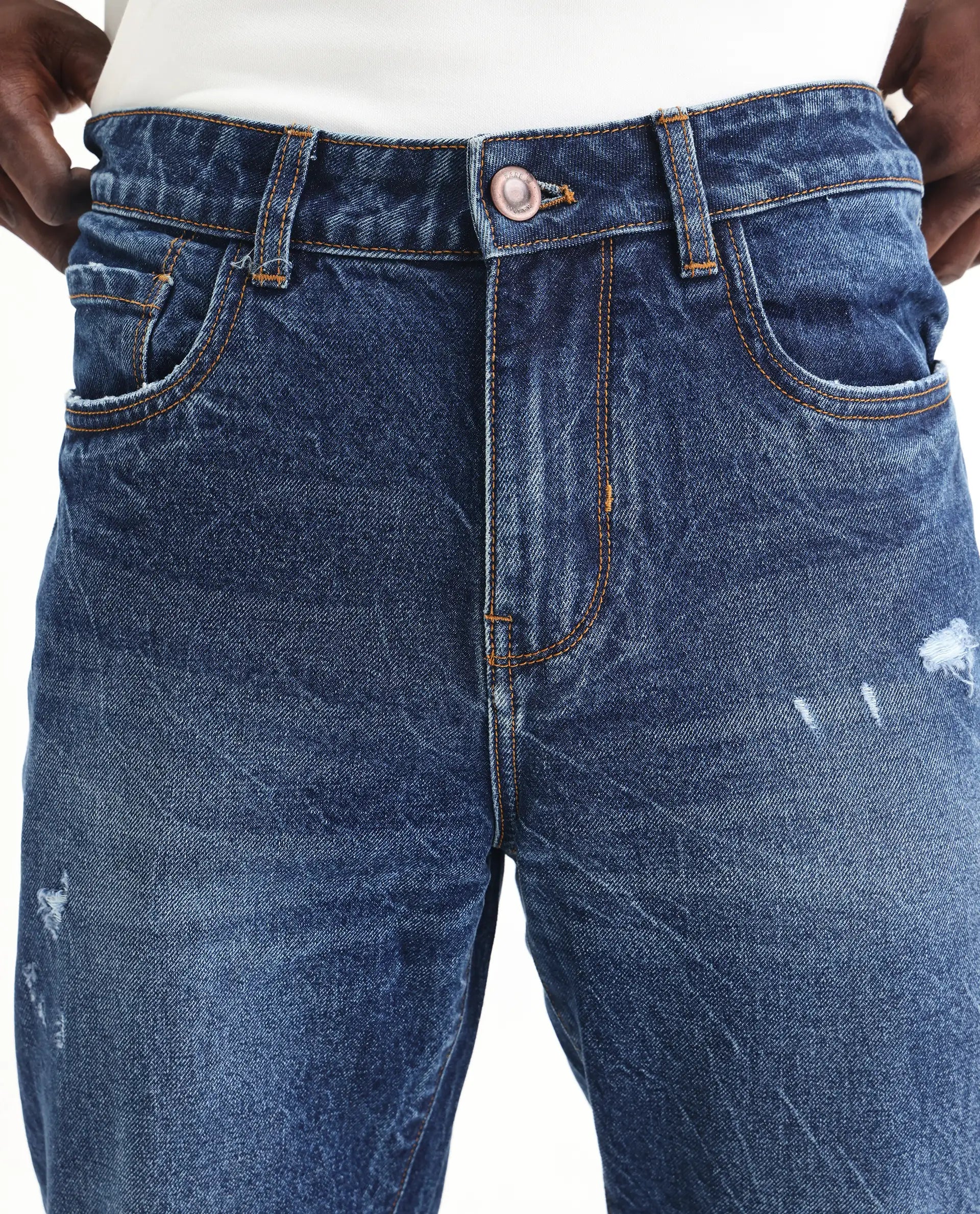 Rare Rabbit Mens Callip Blue Cotton Mid Wash Regular Fit Jeans