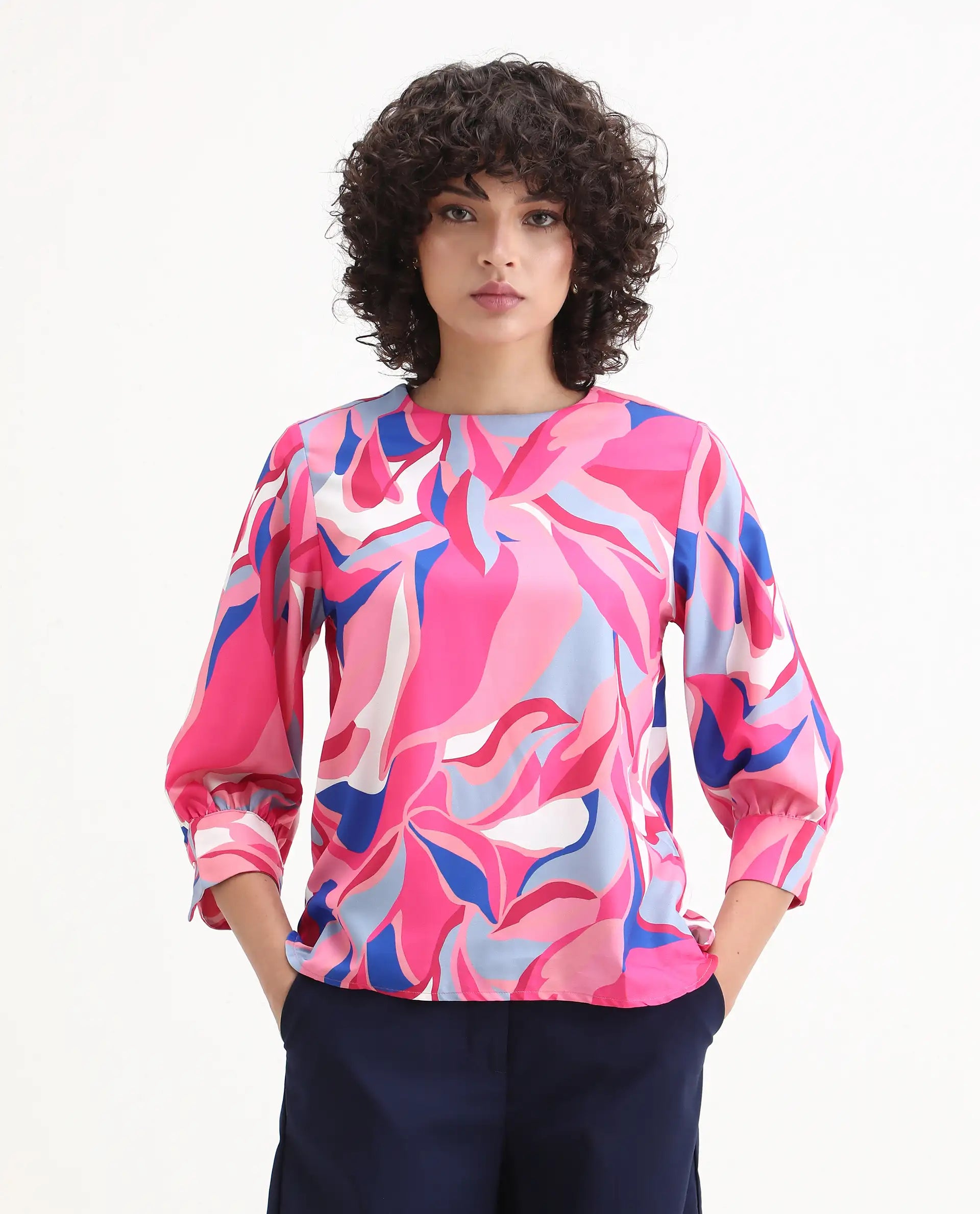 Rareism Women's Callisto Multi Mandarin Collar Abstract Print Cuffed Sleeve Regular Fit Top