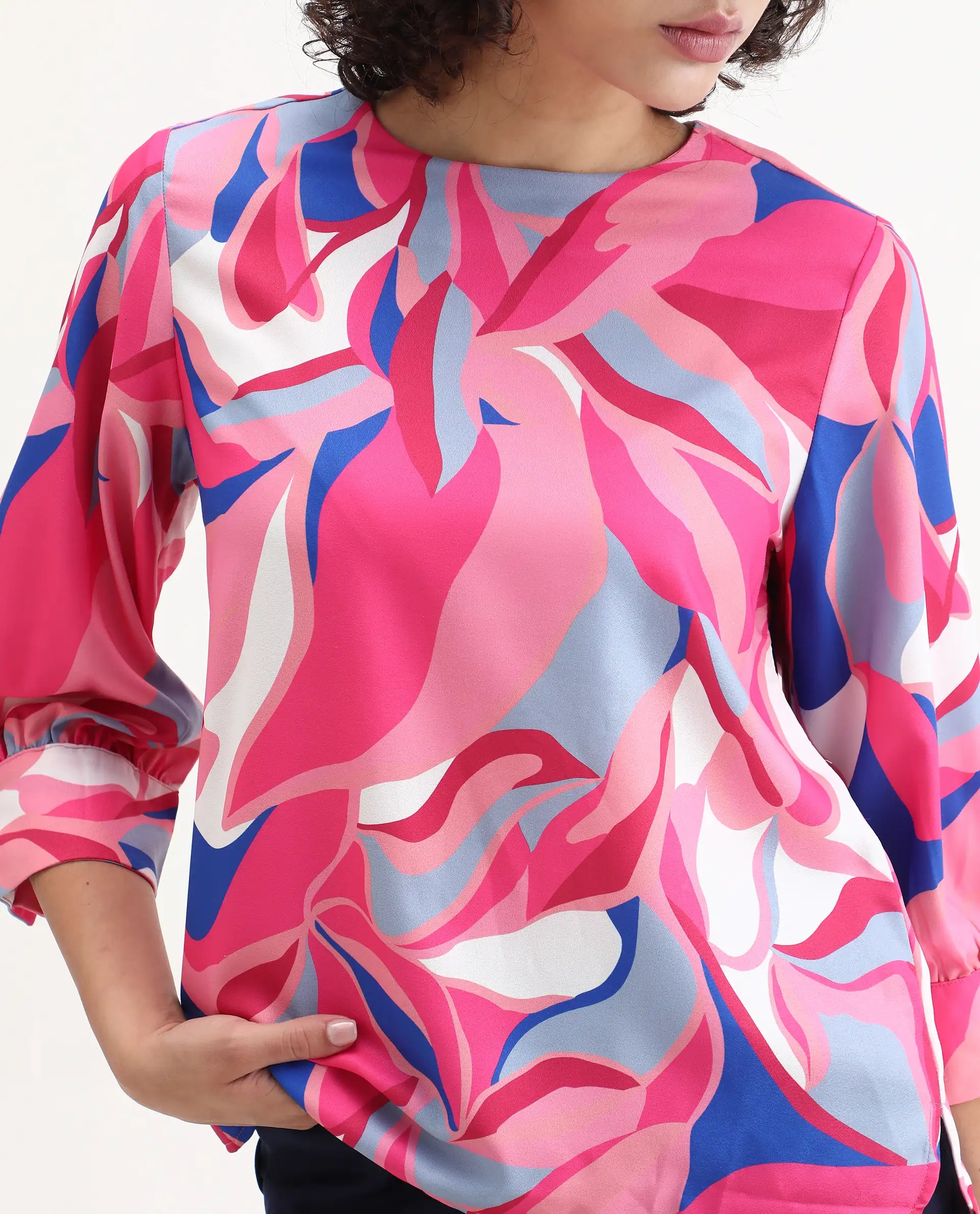 Rareism Women's Callisto Multi Mandarin Collar Abstract Print Cuffed Sleeve Regular Fit Top