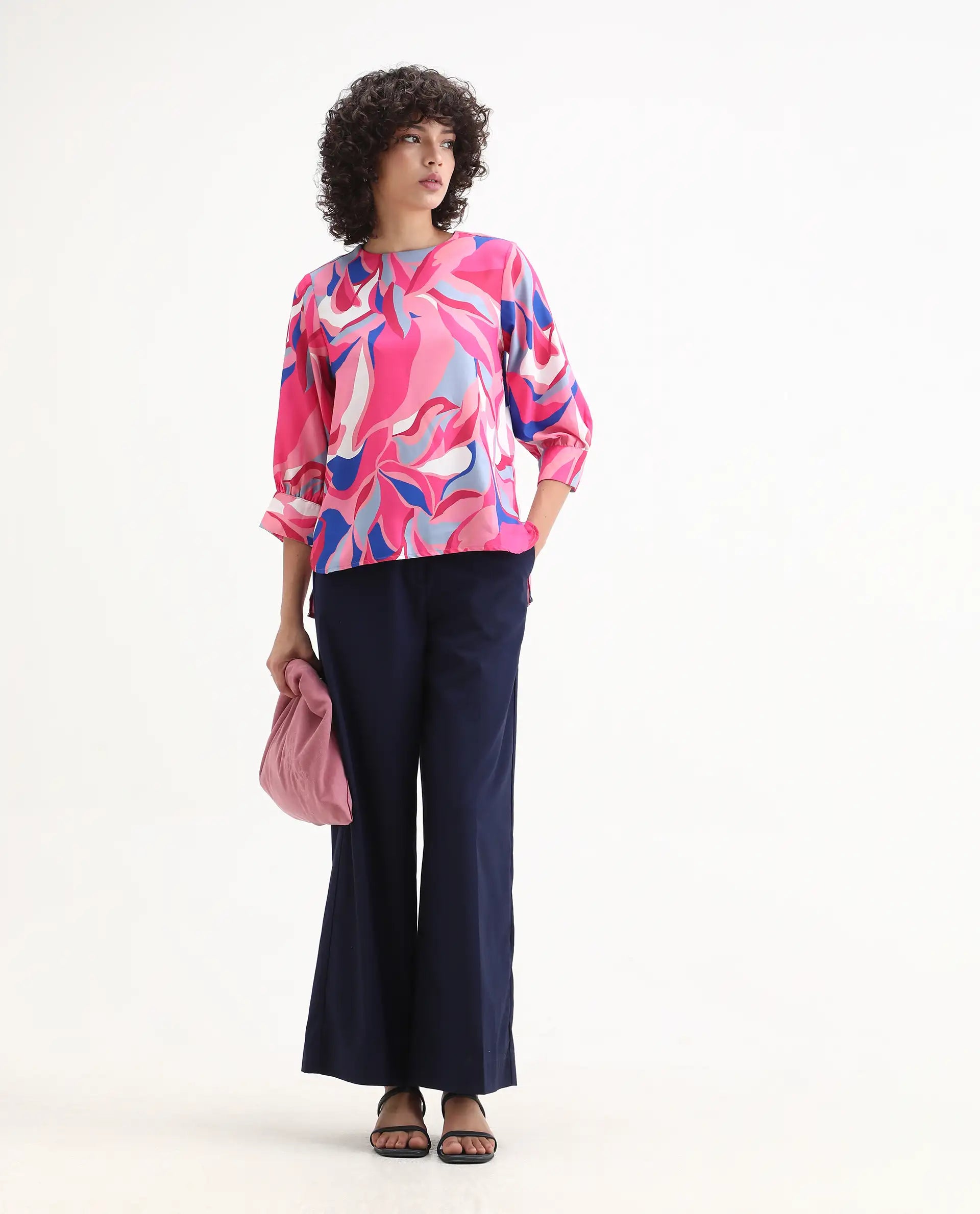 Rareism Women's Callisto Multi Mandarin Collar Abstract Print Cuffed Sleeve Regular Fit Top