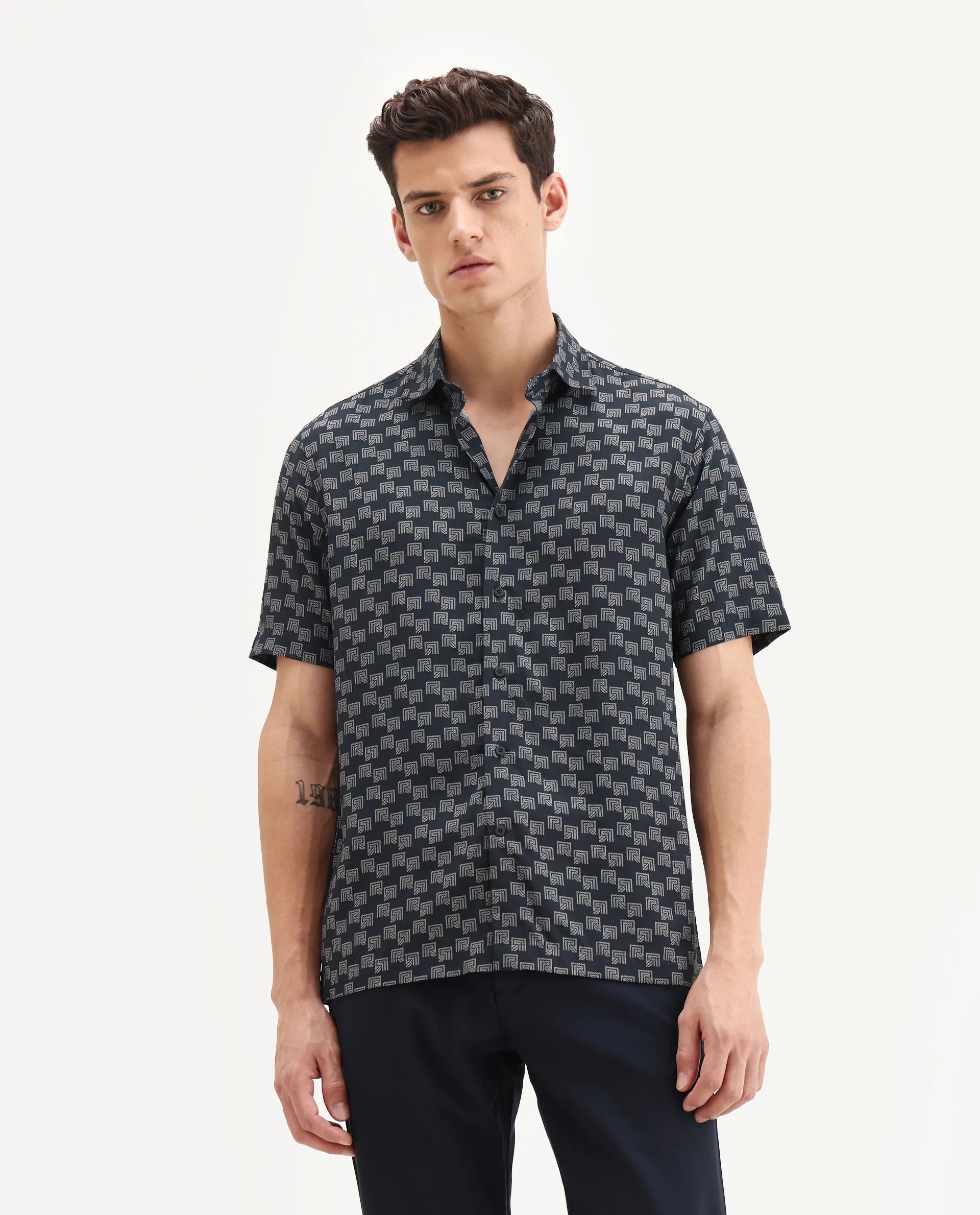 Rare Rabbit Men's Calo-25 Navy Viscose Blend Monogram Print Boxy Fit Half Sleeve Collared Shirt