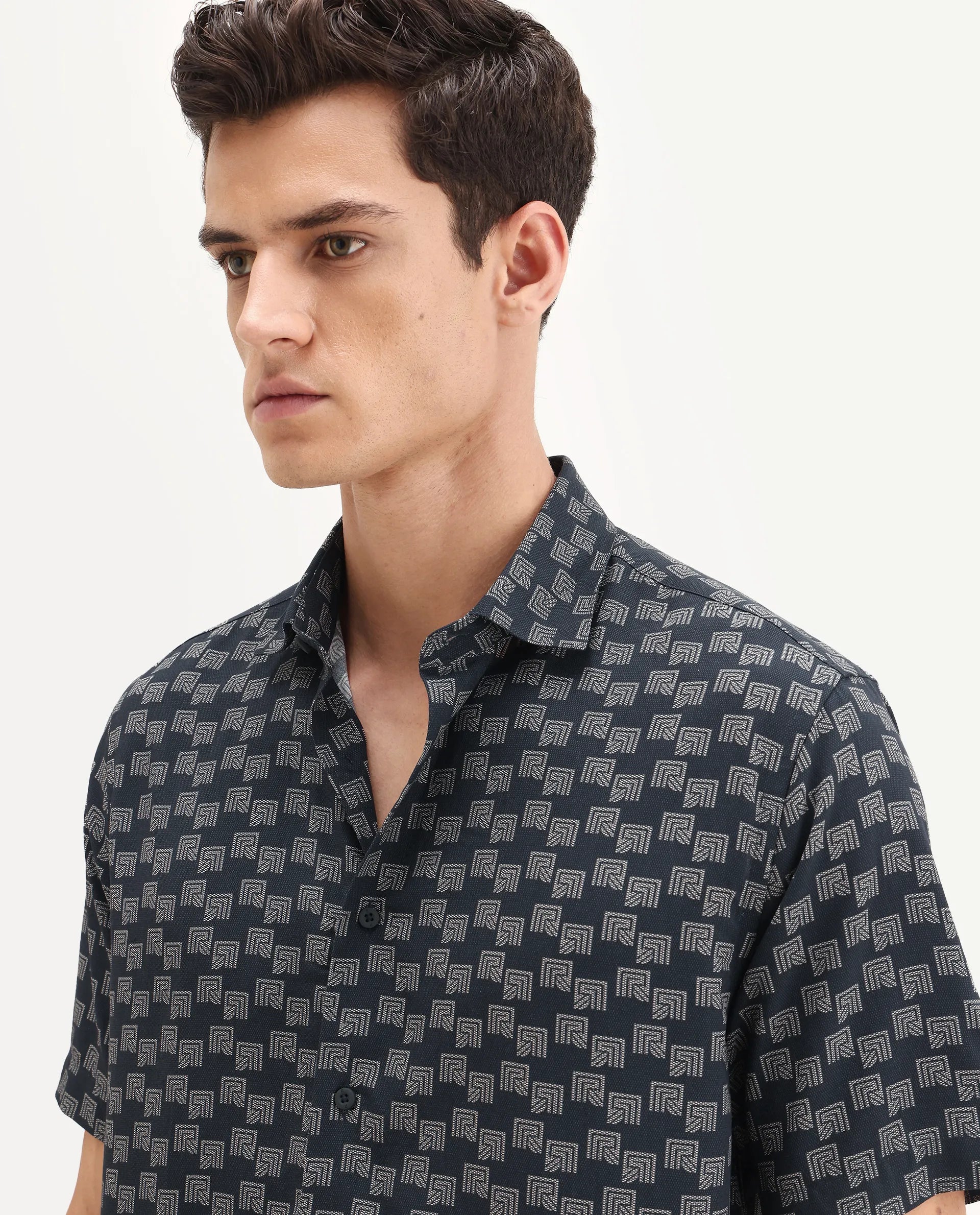 Rare Rabbit Men's Calo-25 Navy Viscose Blend Monogram Print Boxy Fit Half Sleeve Collared Shirt