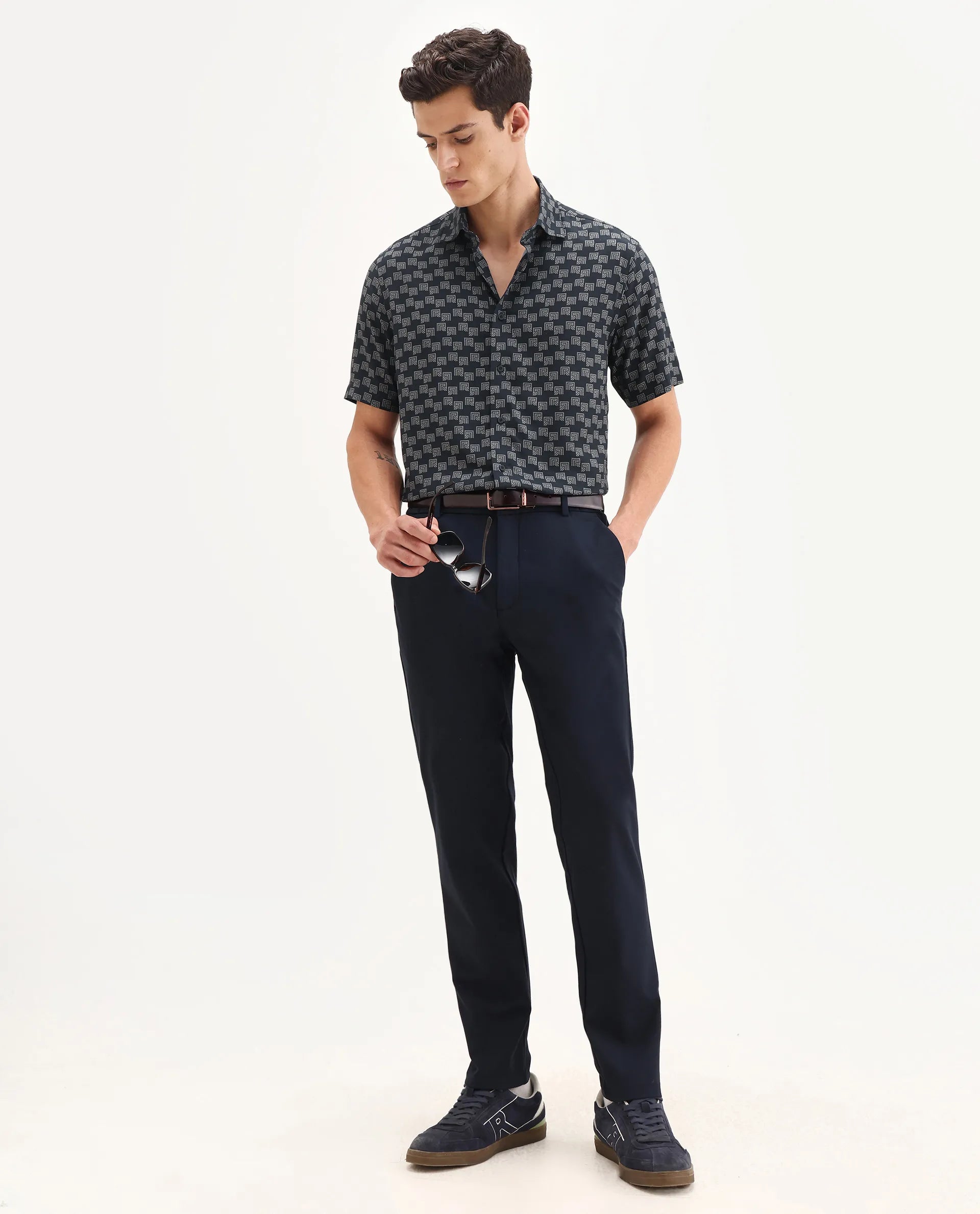 Rare Rabbit Men's Calo-25 Navy Viscose Blend Monogram Print Boxy Fit Half Sleeve Collared Shirt