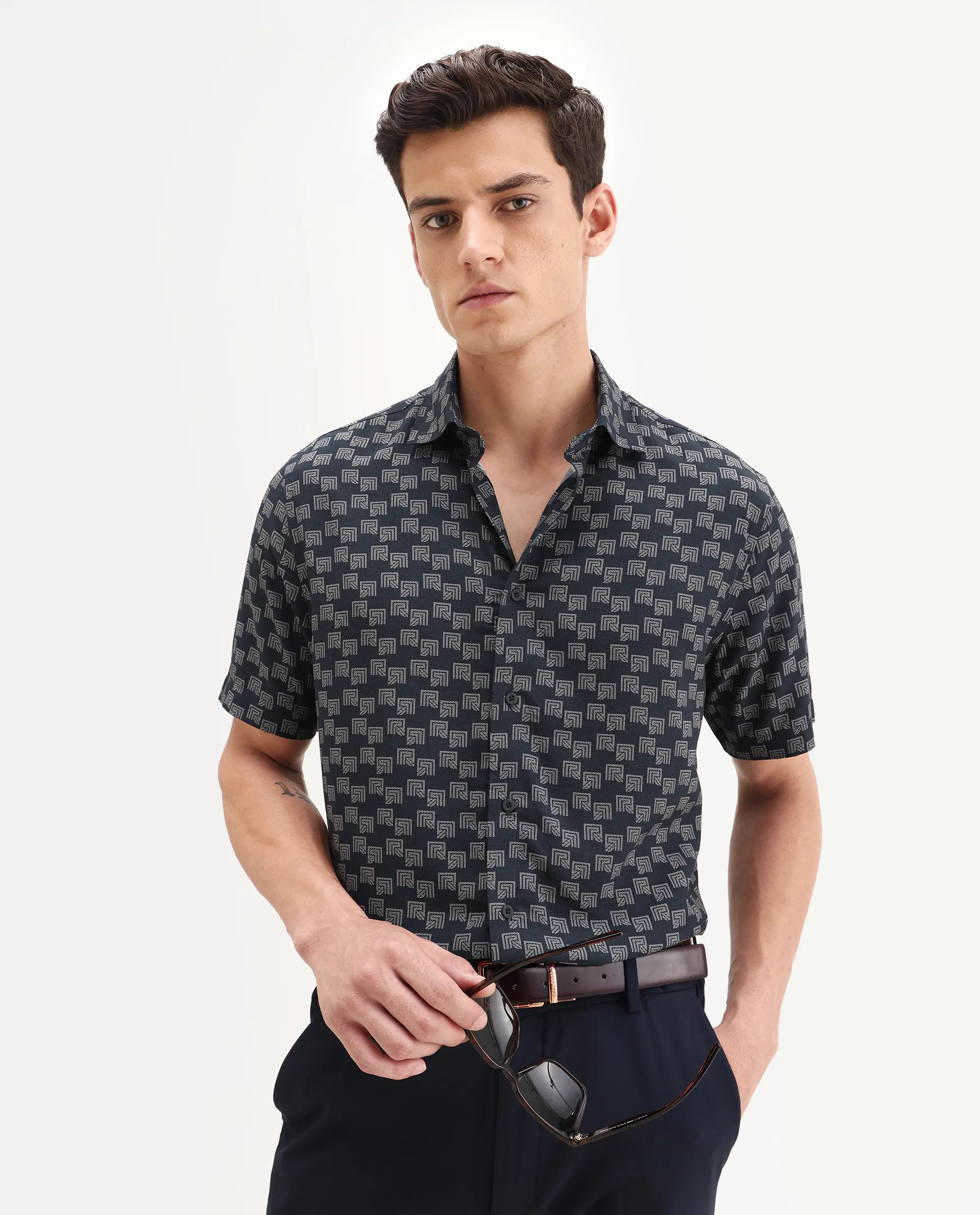 Rare Rabbit Men's Calo-25 Navy Viscose Blend Monogram Print Boxy Fit Half Sleeve Collared Shirt