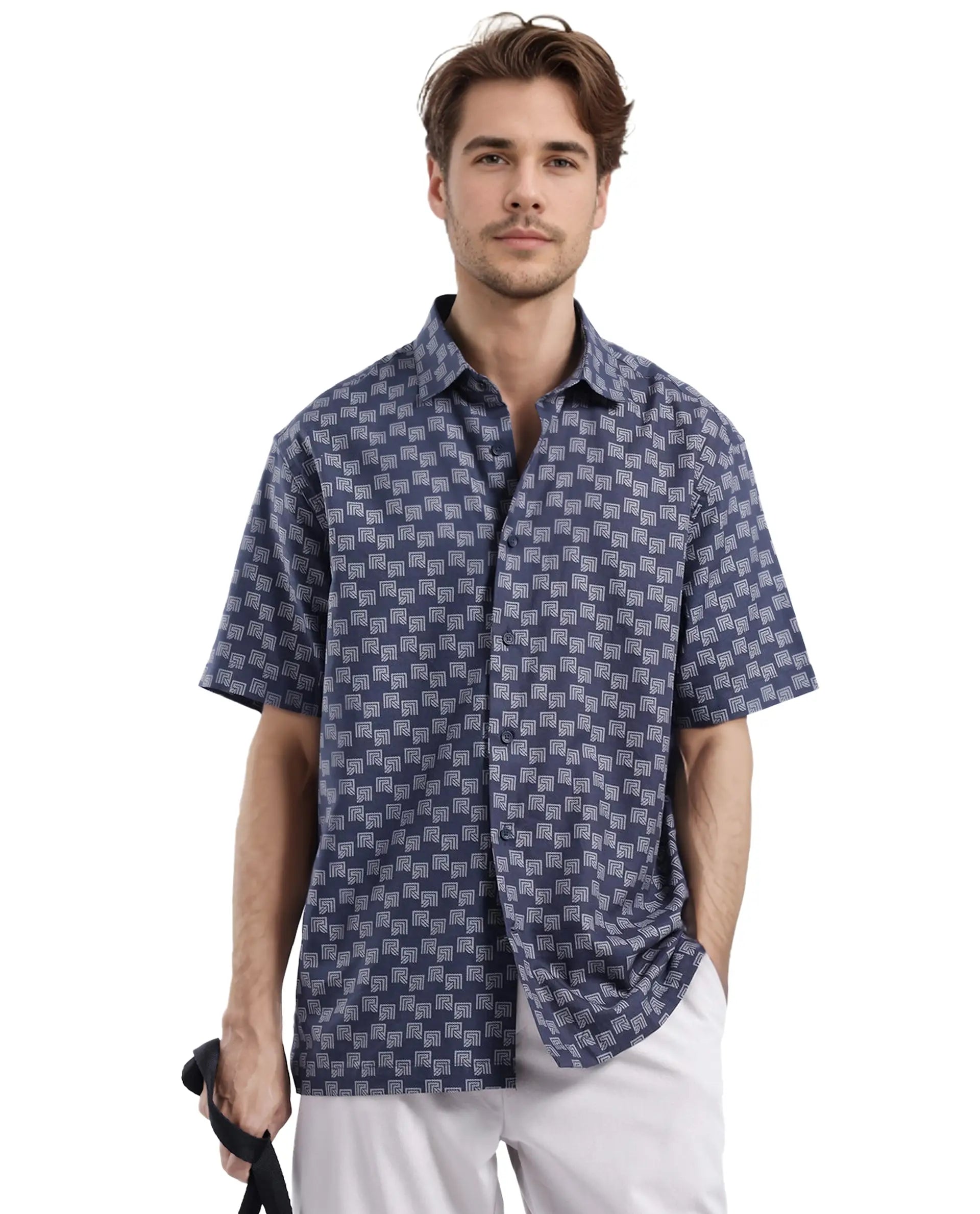 Rare Rabbit Men Calo Navy Short Sleeve Regular Collar Button Closure Boxy Fit Monogram Print Shirt