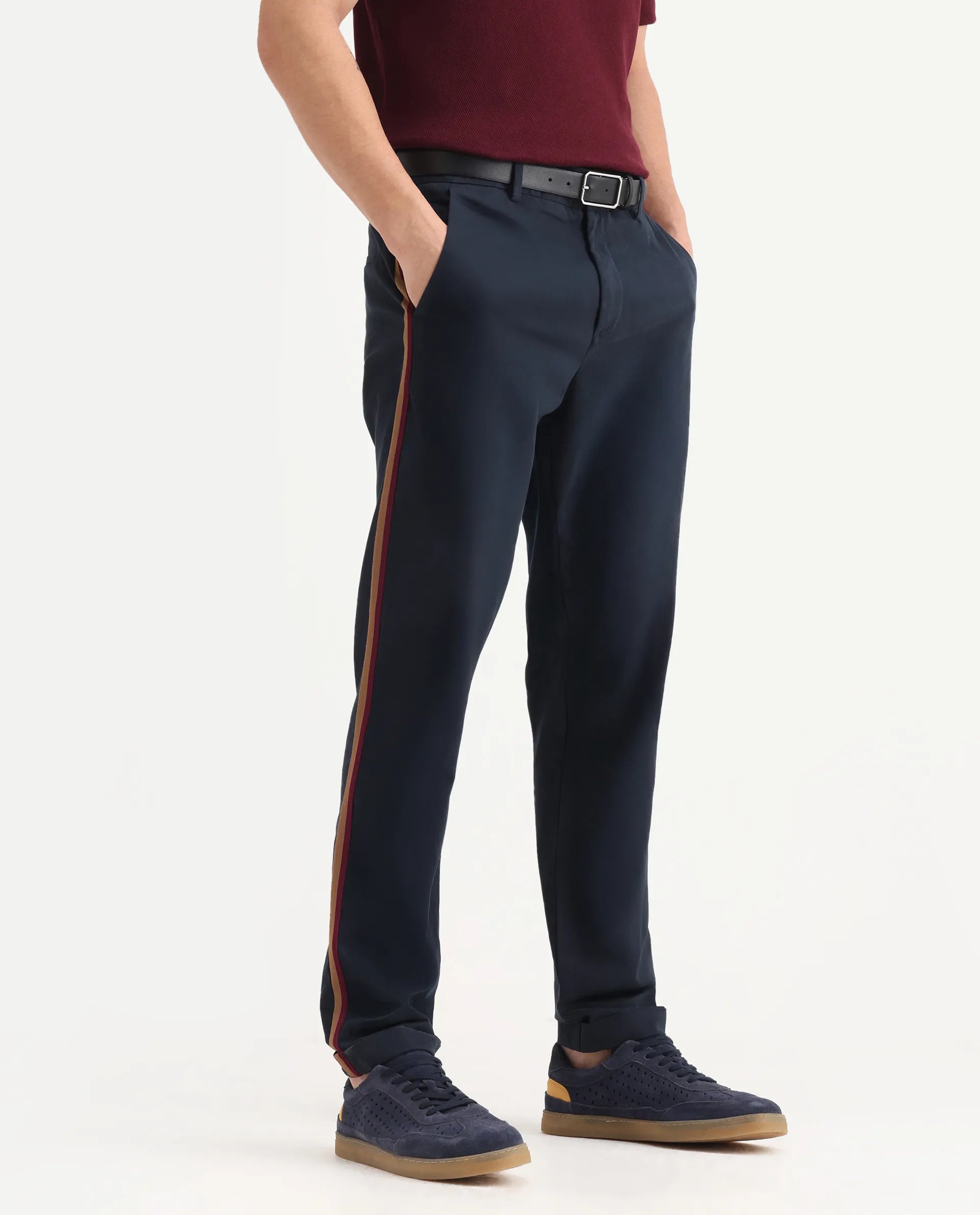 Rare Rabbit Men's Caloon Navy Cotton Blend Plain Regular Fit Trouser