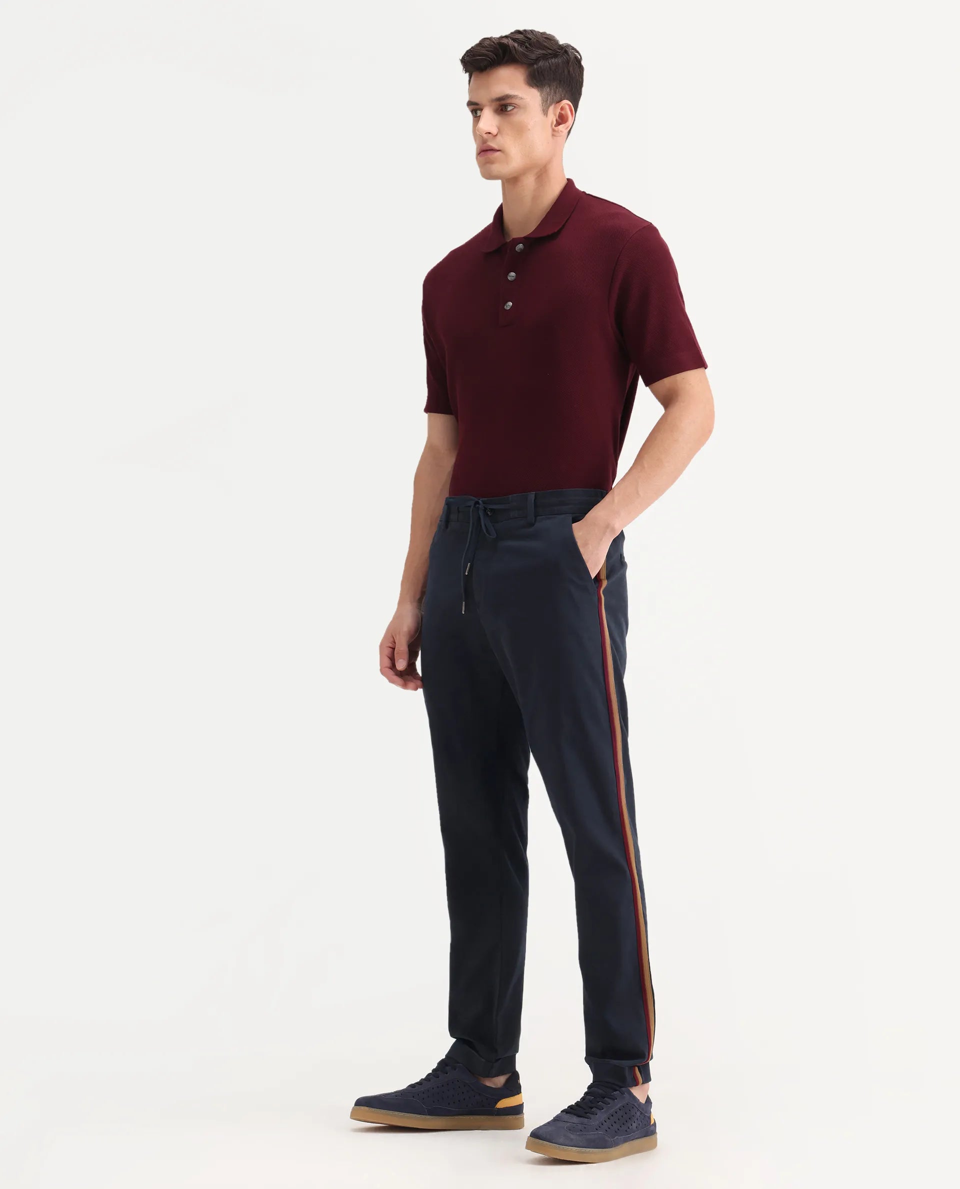 Rare Rabbit Men's Caloon Navy Cotton Blend Plain Regular Fit Trouser
