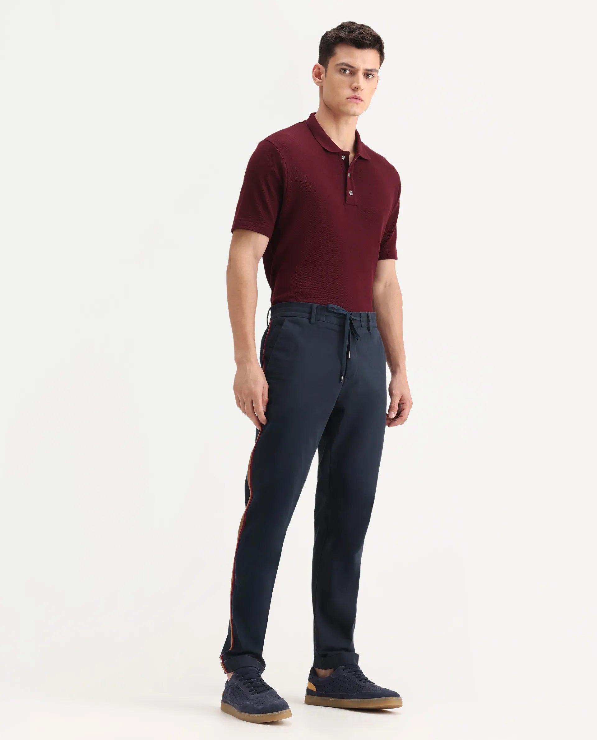 Rare Rabbit Men's Caloon Navy Cotton Blend Plain Regular Fit Trouser