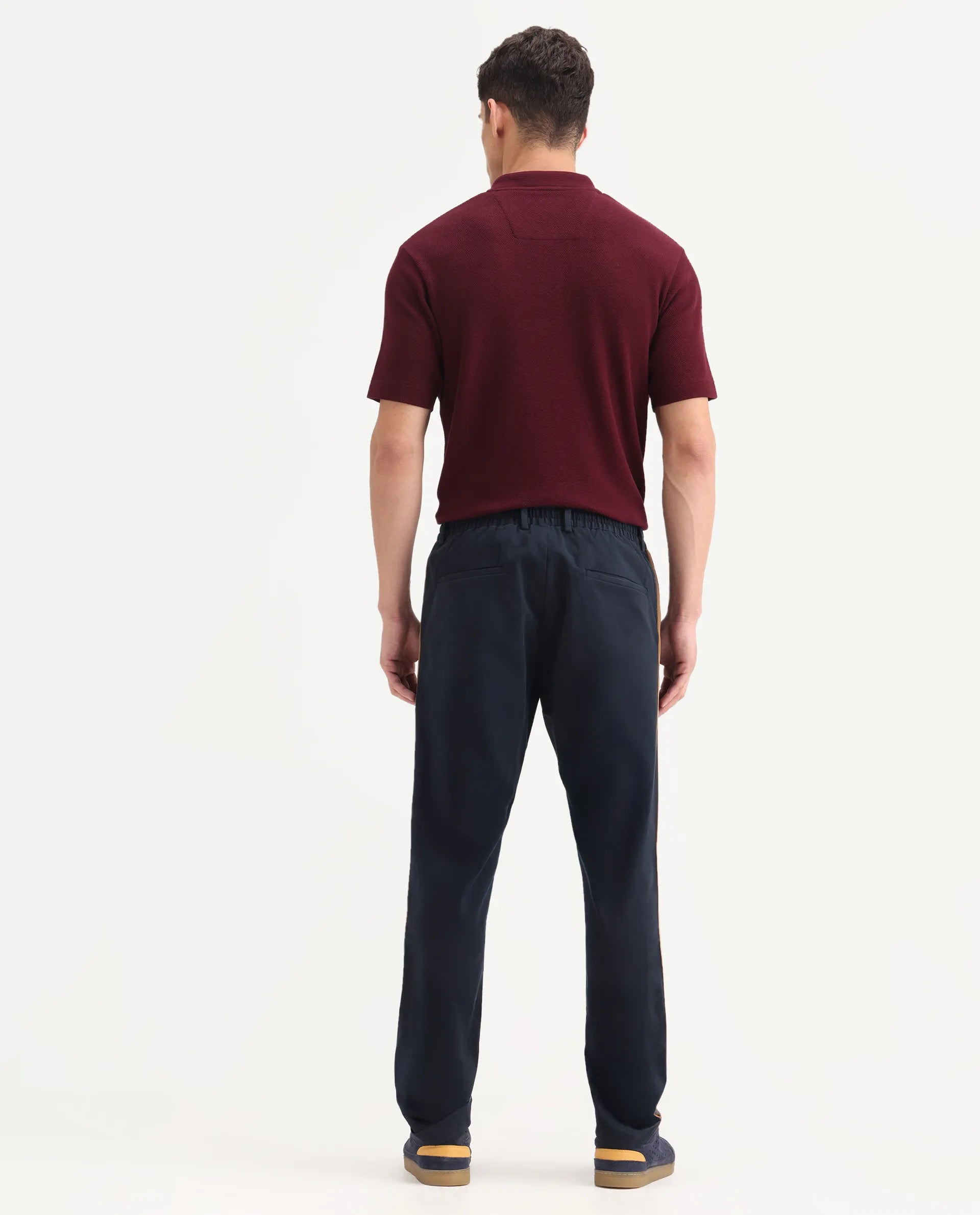 Rare Rabbit Men's Caloon Navy Cotton Blend Plain Regular Fit Trouser