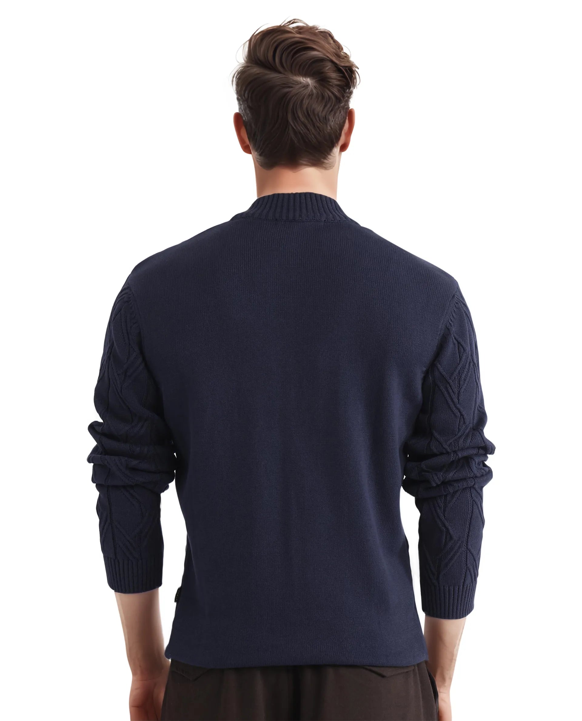 Rare Rabbit Men's Caloz Navy Cotton Fabric Full Sleeve High Neck Regular Fit Cable Knit Sweater