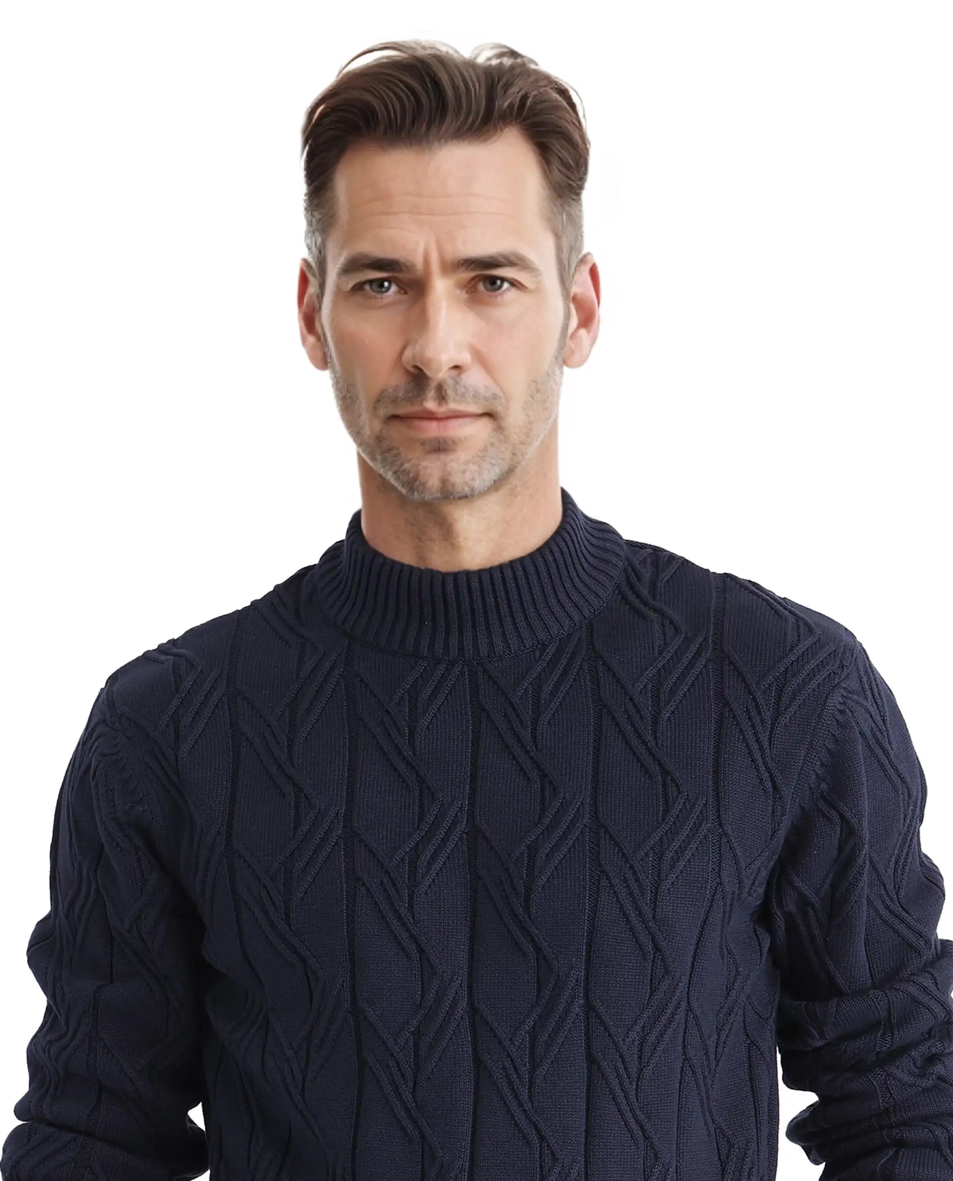 Rare Rabbit Men's Caloz Navy Cotton Fabric Full Sleeve High Neck Regular Fit Cable Knit Sweater