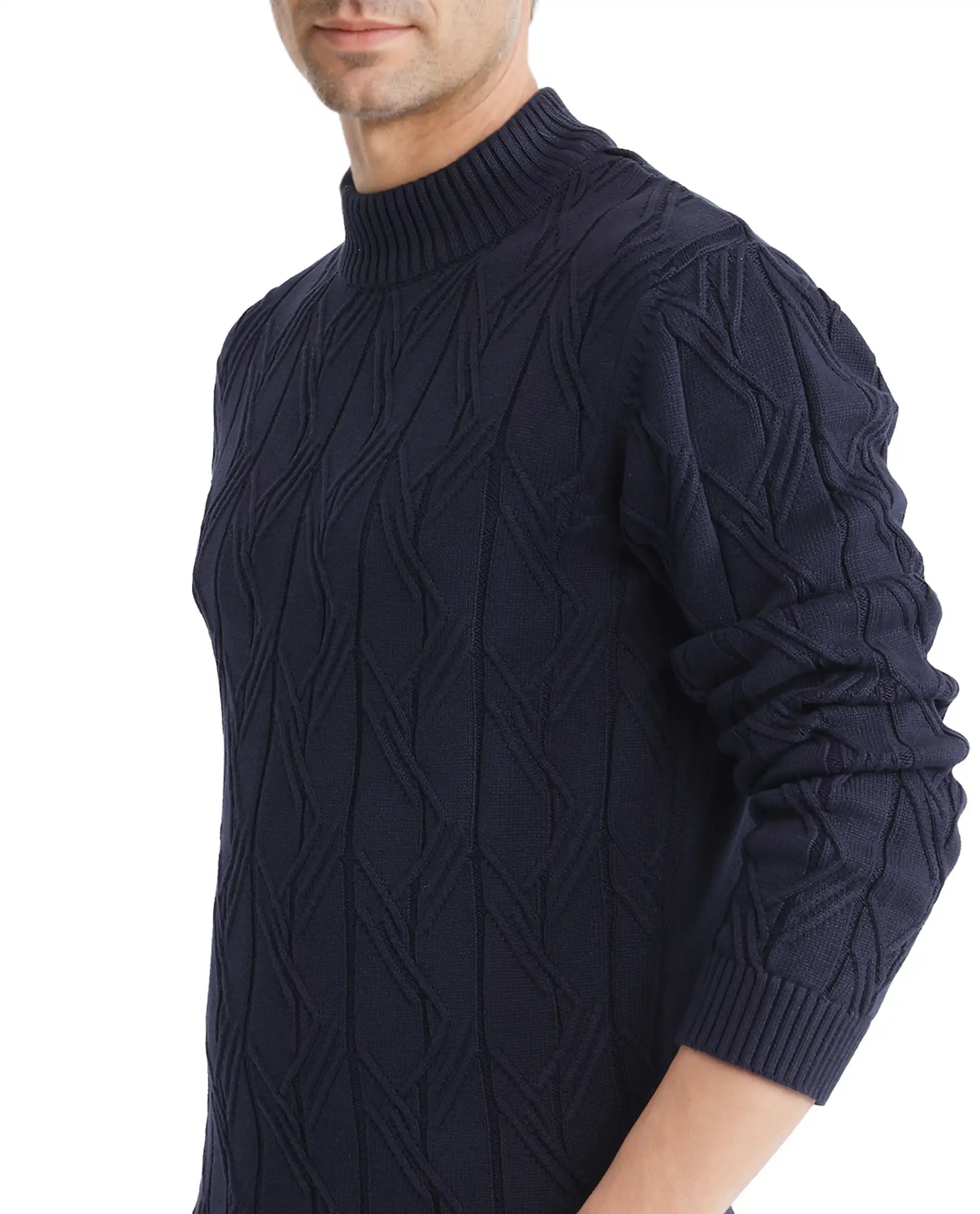 Rare Rabbit Men's Caloz Navy Cotton Fabric Full Sleeve High Neck Regular Fit Cable Knit Sweater