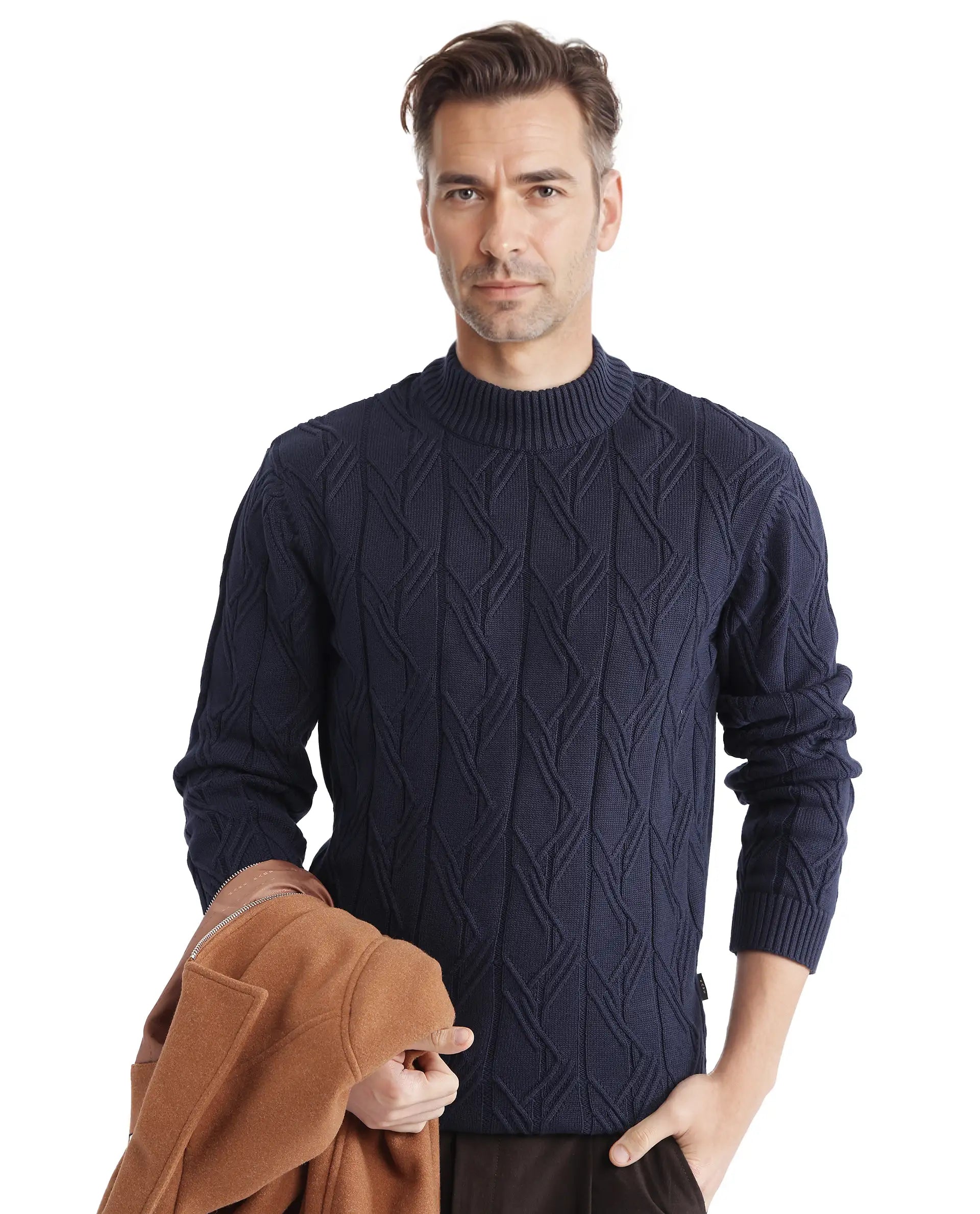 Rare Rabbit Men's Caloz Navy Cotton Fabric Full Sleeve High Neck Regular Fit Cable Knit Sweater