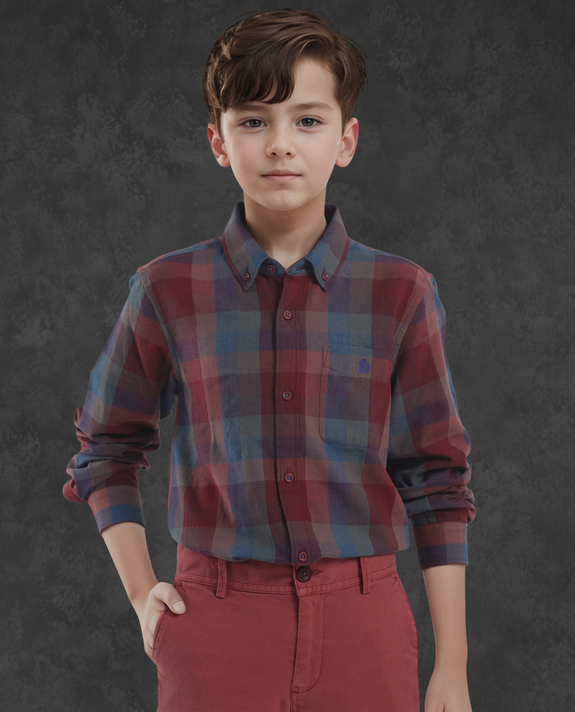 Rare Ones Kids Cal Red Cotton Full Sleeves Button Down Collar Regular Fit Checked Shirt