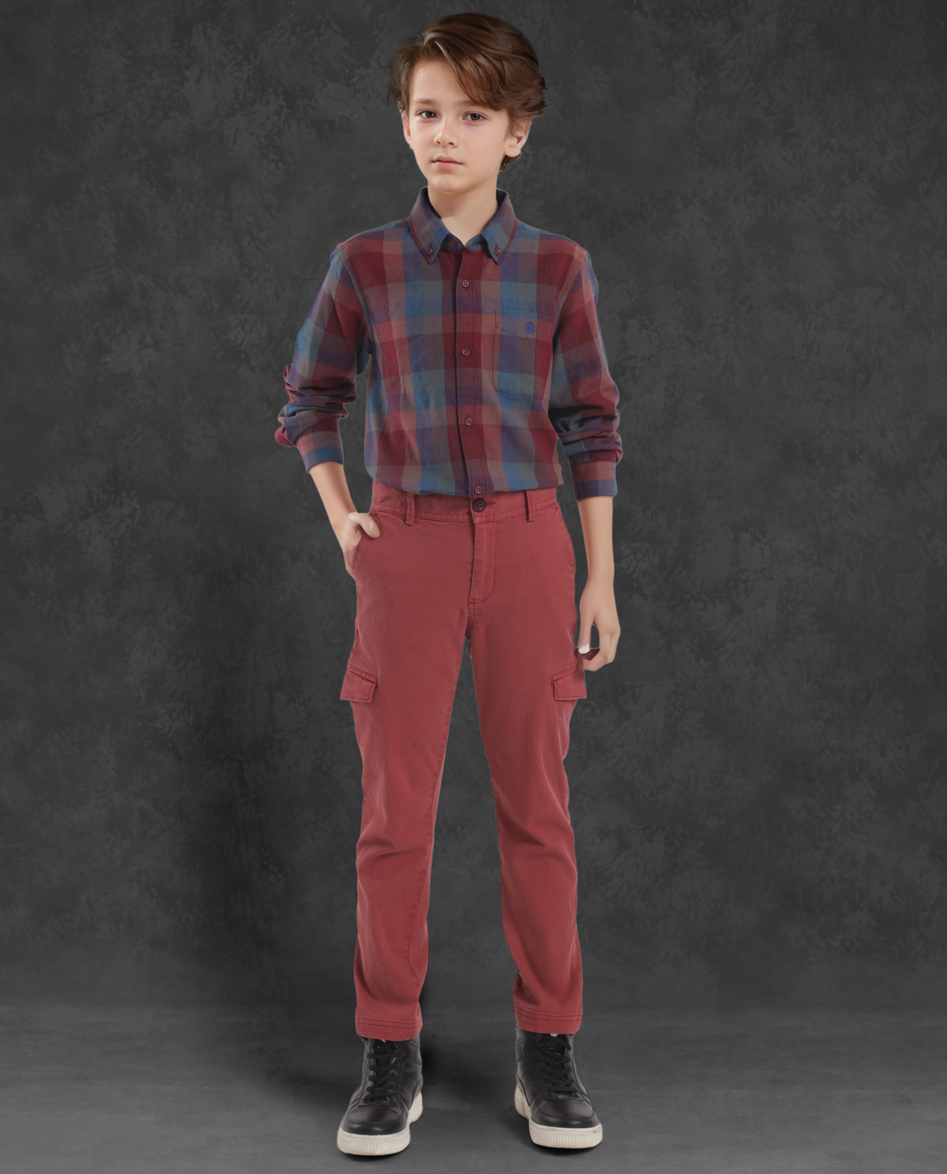 Rare Ones Kids Cal Red Cotton Full Sleeves Button Down Collar Regular Fit Checked Shirt
