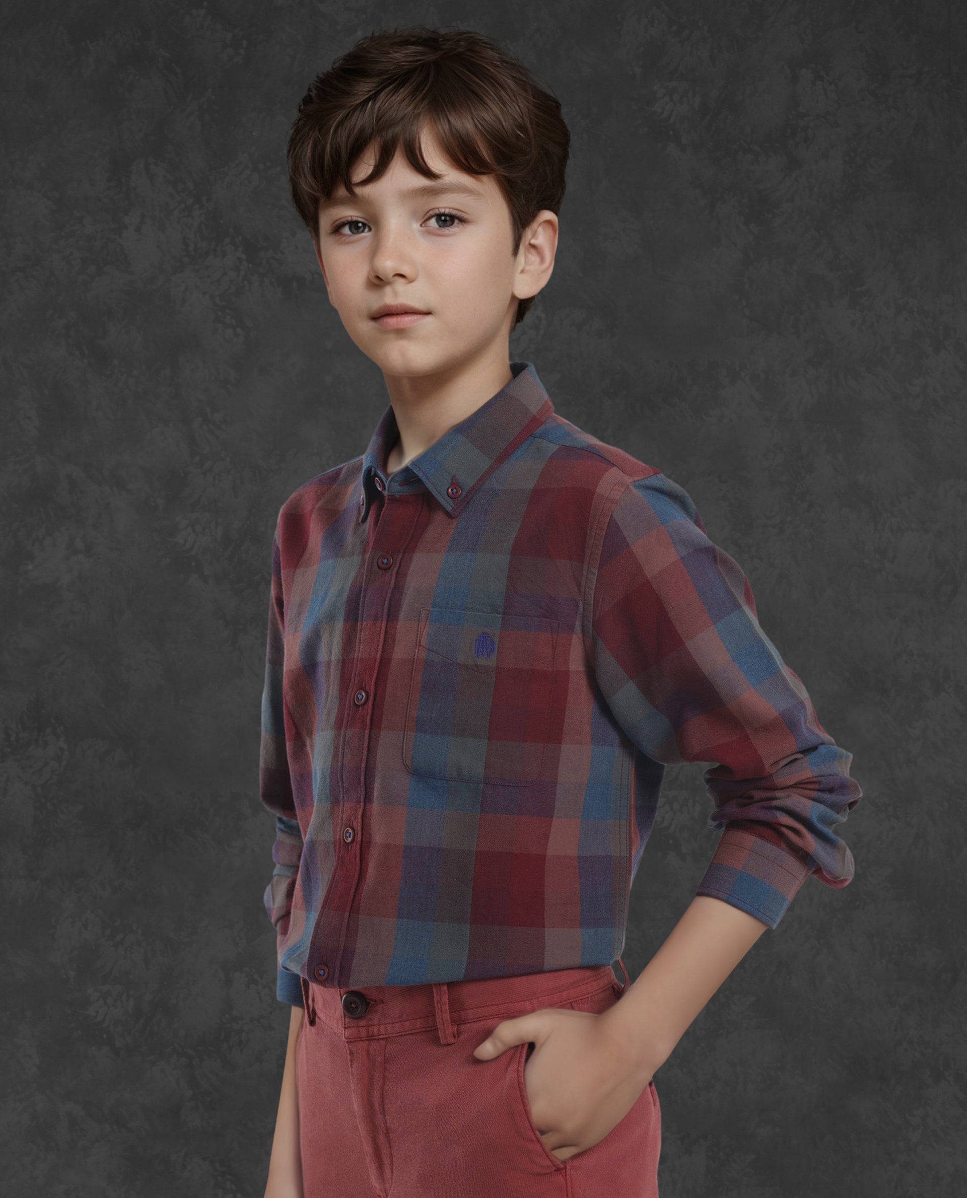 Rare Ones Kids Cal Red Cotton Full Sleeves Button Down Collar Regular Fit Checked Shirt