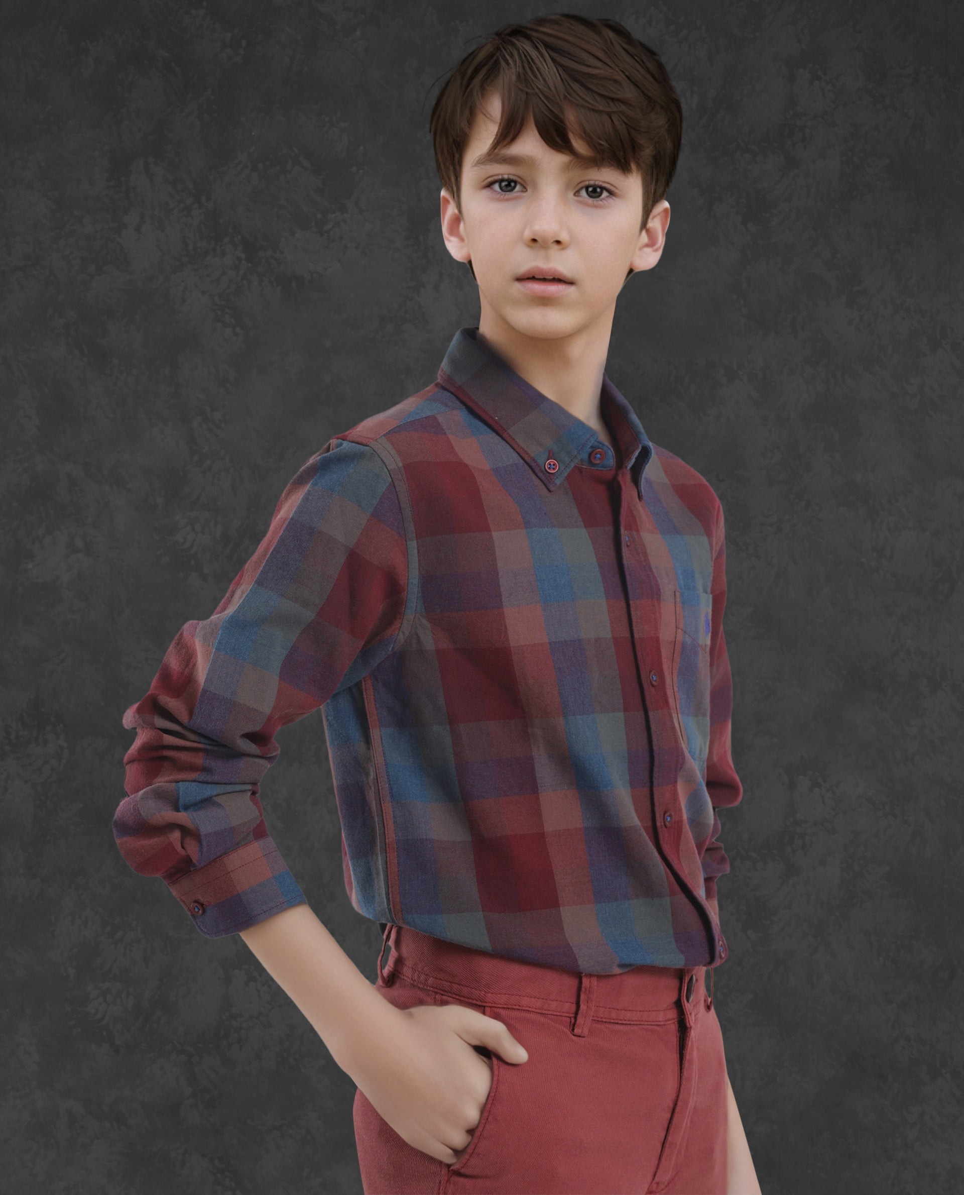 Rare Ones Kids Cal Red Cotton Full Sleeves Button Down Collar Regular Fit Checked Shirt