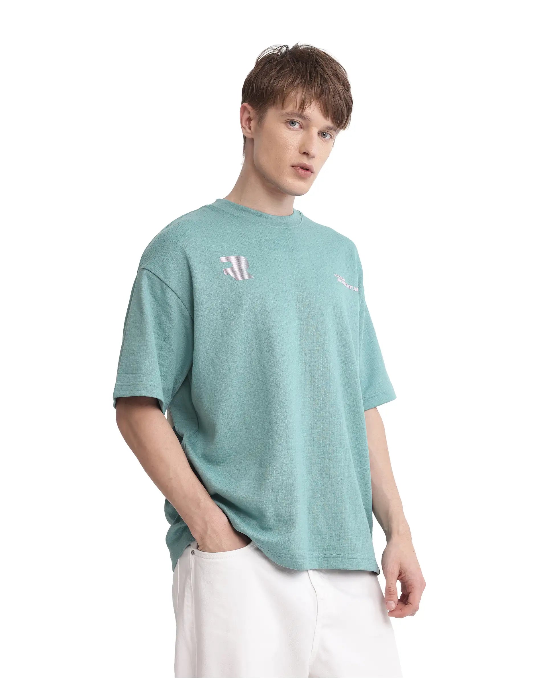 Rare Rabbit Men Calro Dusky Green Cotton Poly Fabric Short Sleeve Crew Neck Oversized Fit Graphic Typography Print T-Shirt