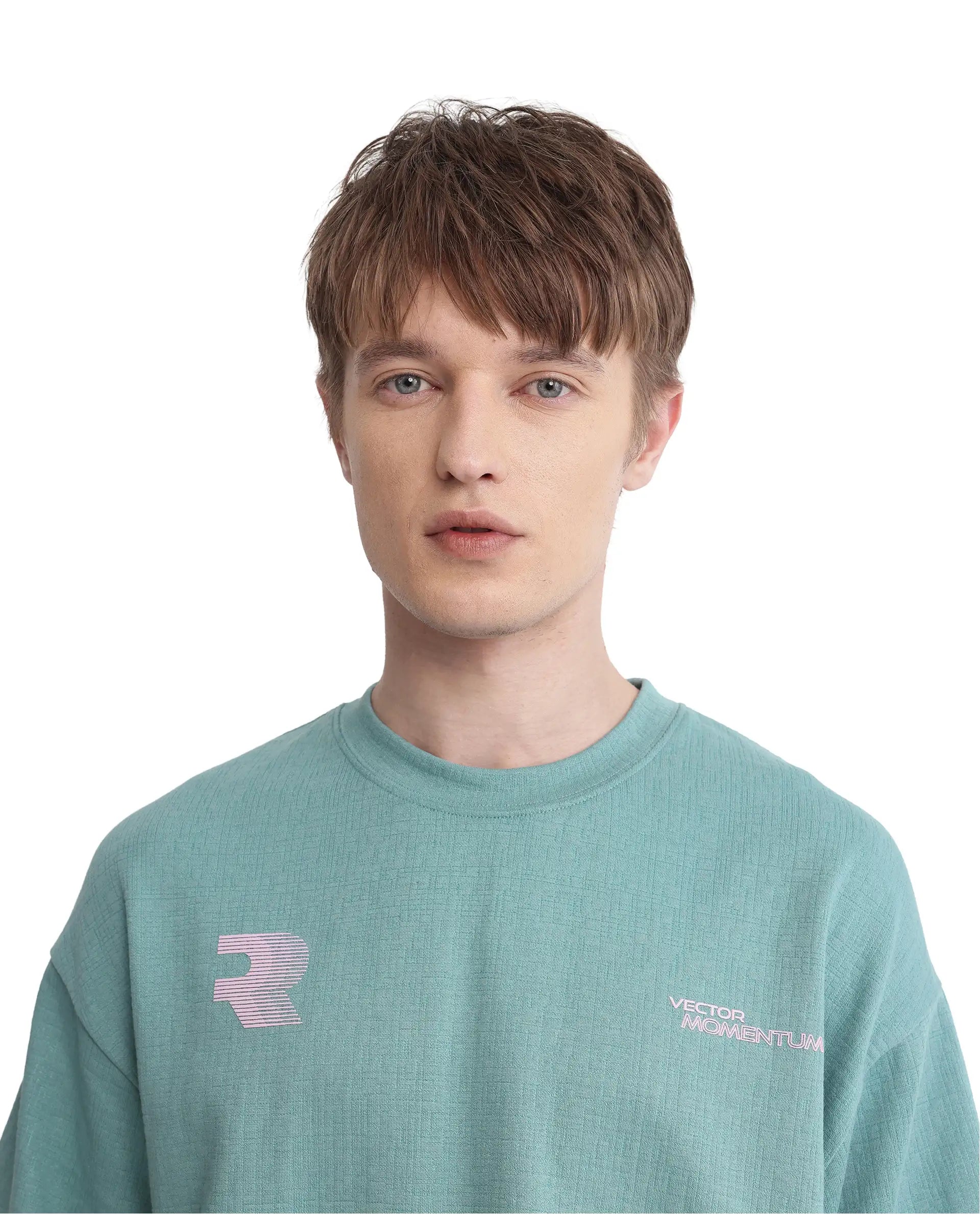 Rare Rabbit Men Calro Dusky Green Cotton Poly Fabric Short Sleeve Crew Neck Oversized Fit Graphic Typography Print T-Shirt