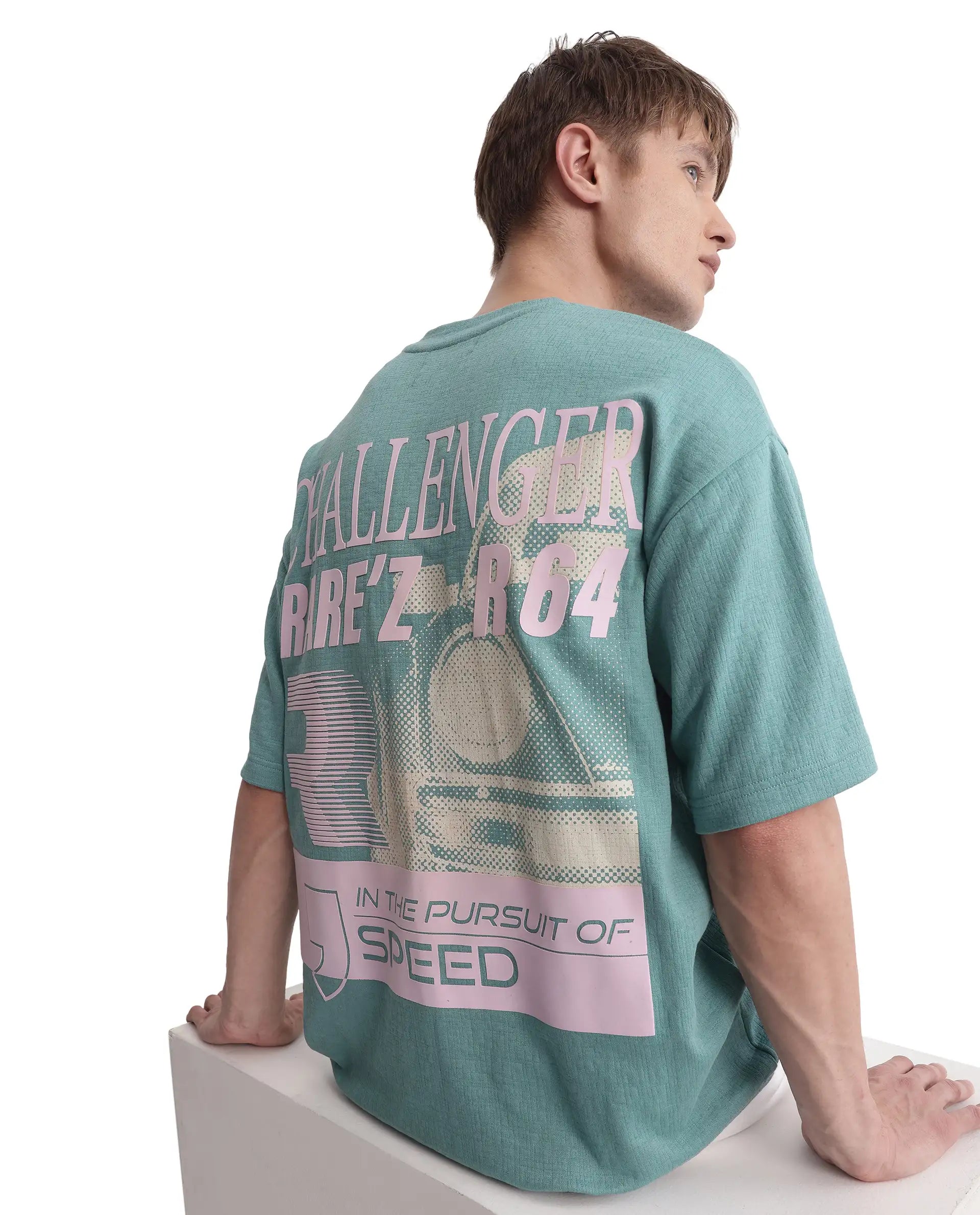 Rare Rabbit Men Calro Dusky Green Cotton Poly Fabric Short Sleeve Crew Neck Oversized Fit Graphic Typography Print T-Shirt