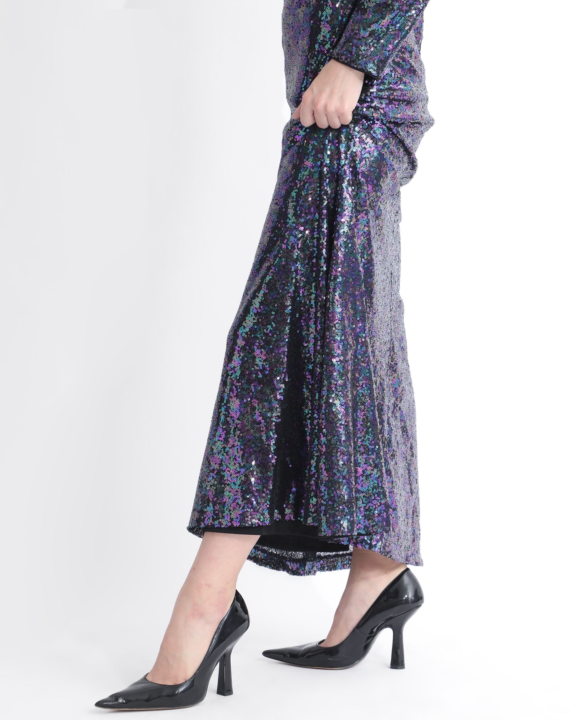 Rareism Women Caltese Sheen Blue Polyester Fabric Full Sleeves Zip Closure Boat Neck Regular Fit Sequined Maxi Cami Dress