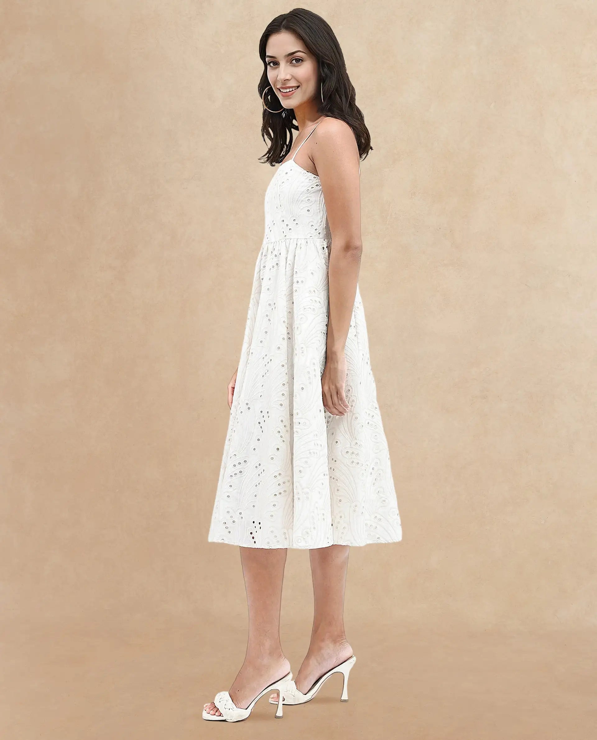 Rareism Women Calvert White Cotton Fabric Noodle Strap Off Shoulder Solid Longline Dress