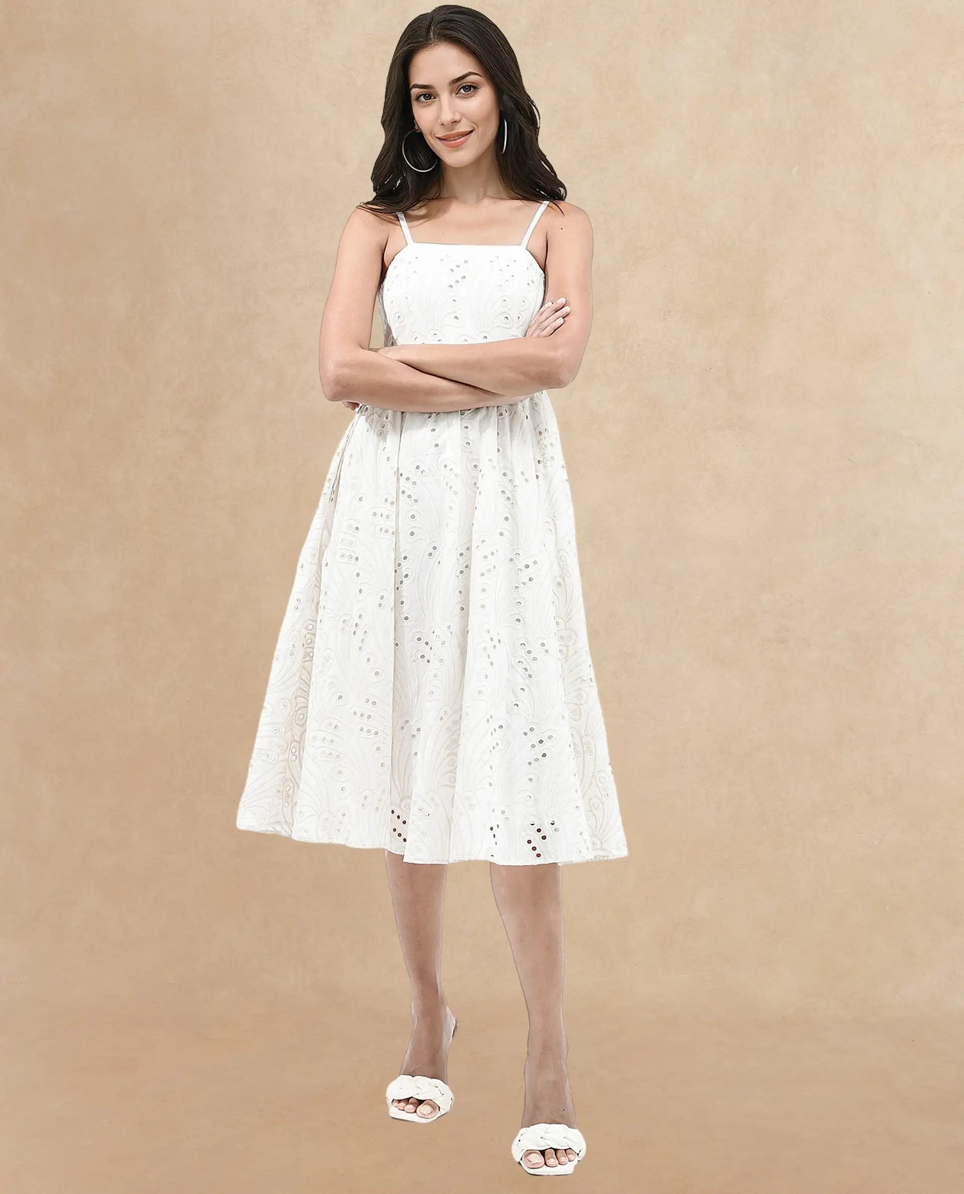 Rareism Women Calvert White Cotton Fabric Noodle Strap Off Shoulder Solid Longline Dress