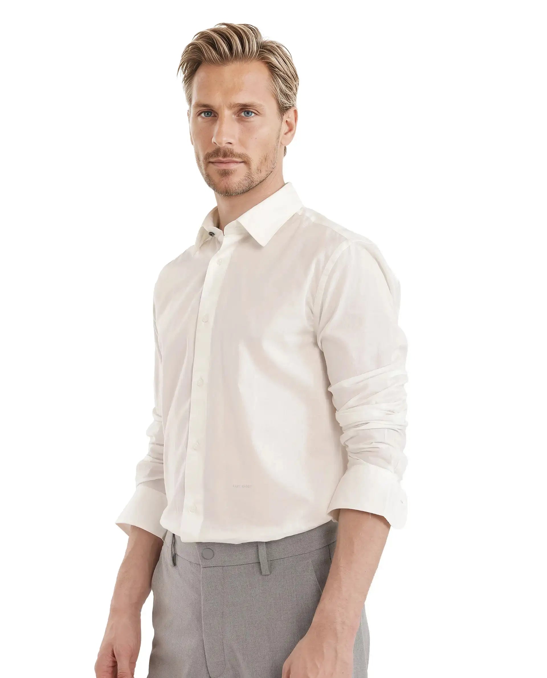 Rare Rabbit Men's Cambo-25 White Cotton Plain Regular Fit Full Sleeve Collared Shirt