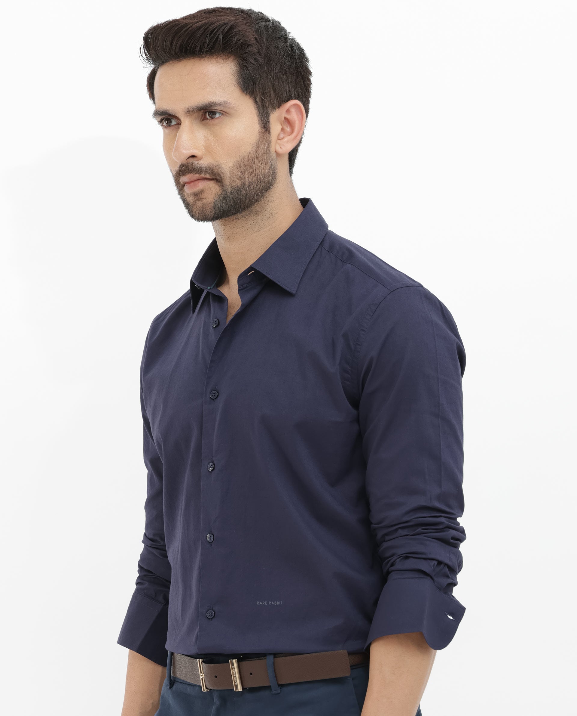 Rare Rabbit Mens Cambo Dark Purple Cambric Fabric Full Sleeve Solid Shirt