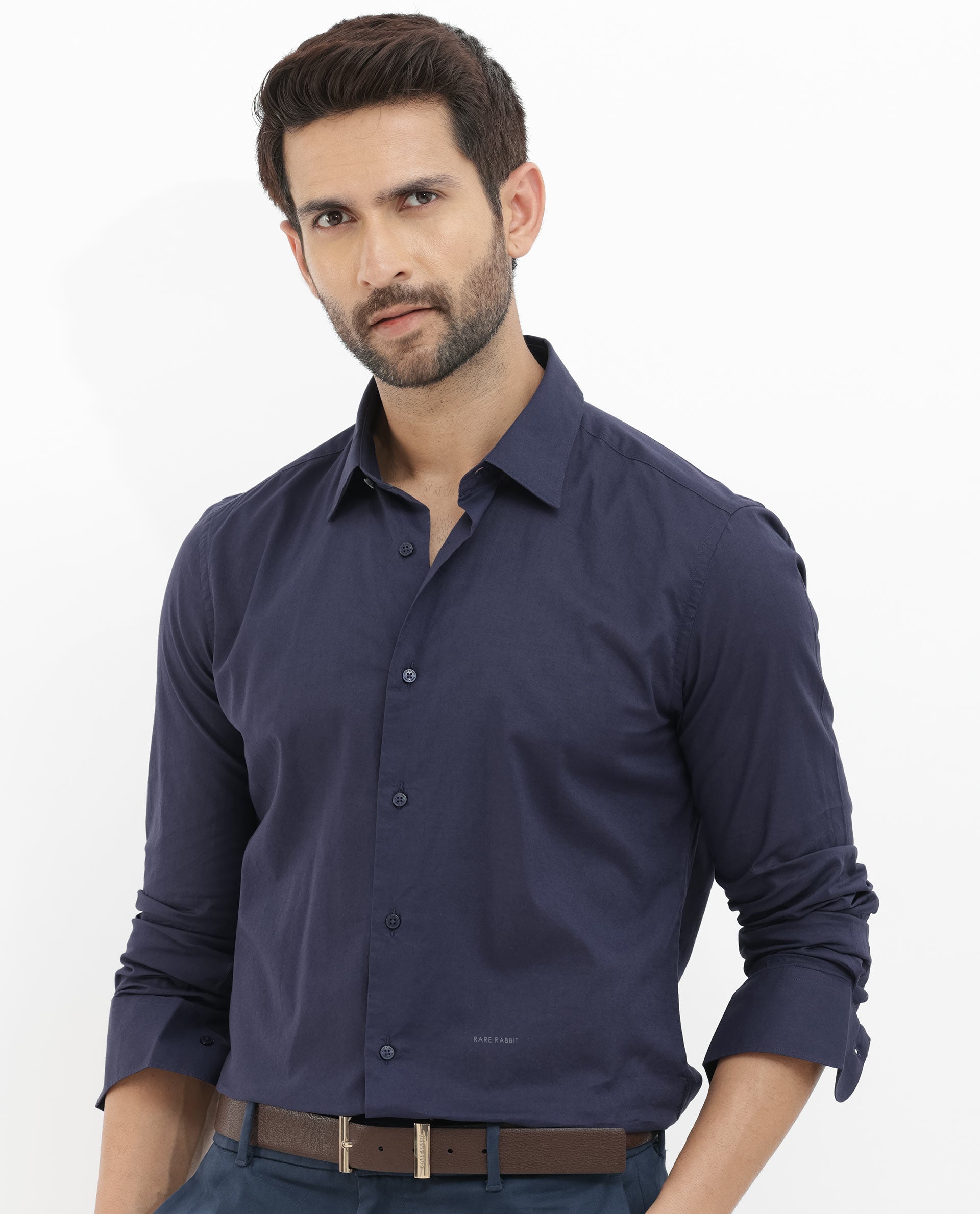 Rare Rabbit Mens Cambo Dark Purple Cambric Fabric Full Sleeve Solid Shirt