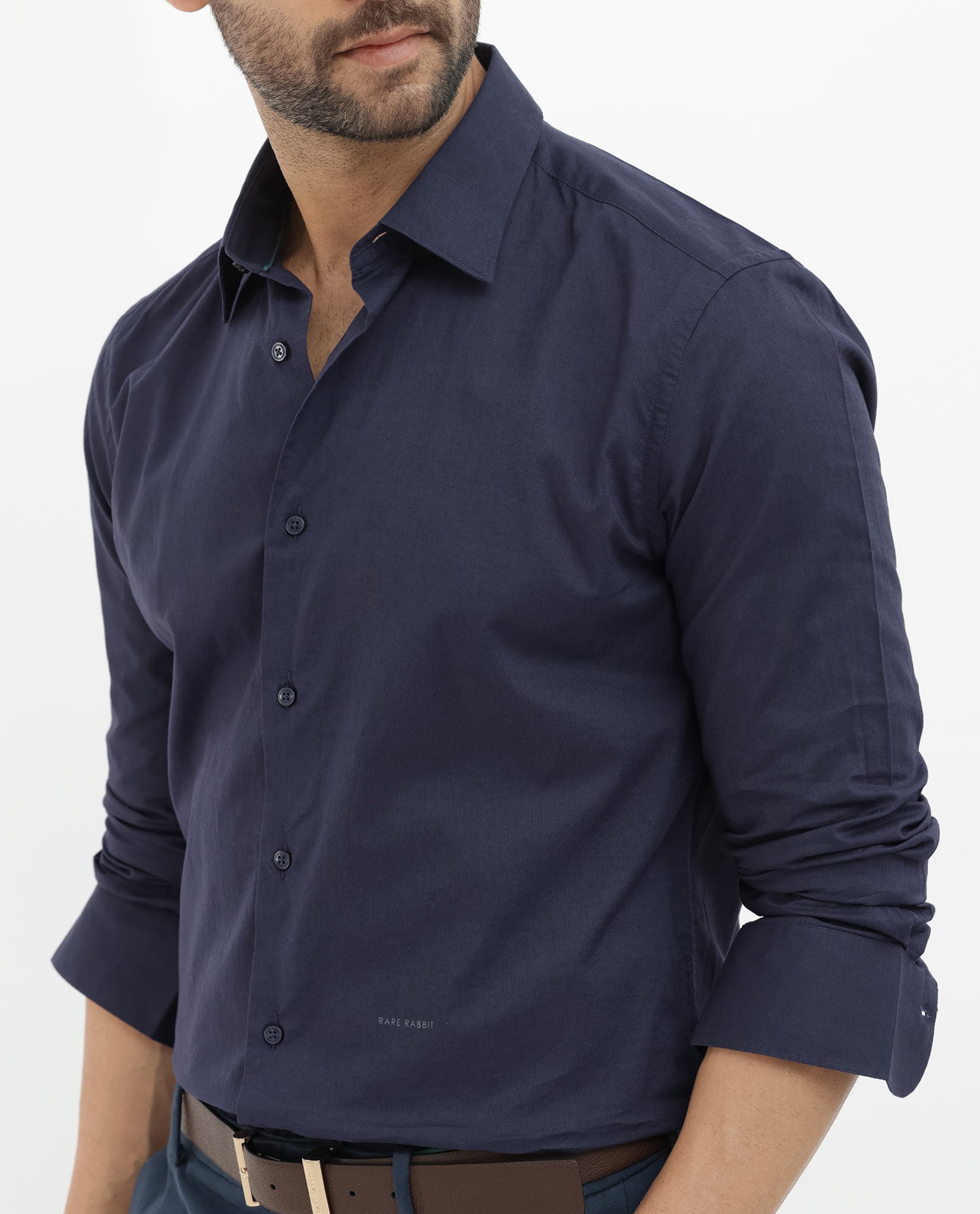 Rare Rabbit Mens Cambo Dark Purple Cambric Fabric Full Sleeve Solid Shirt