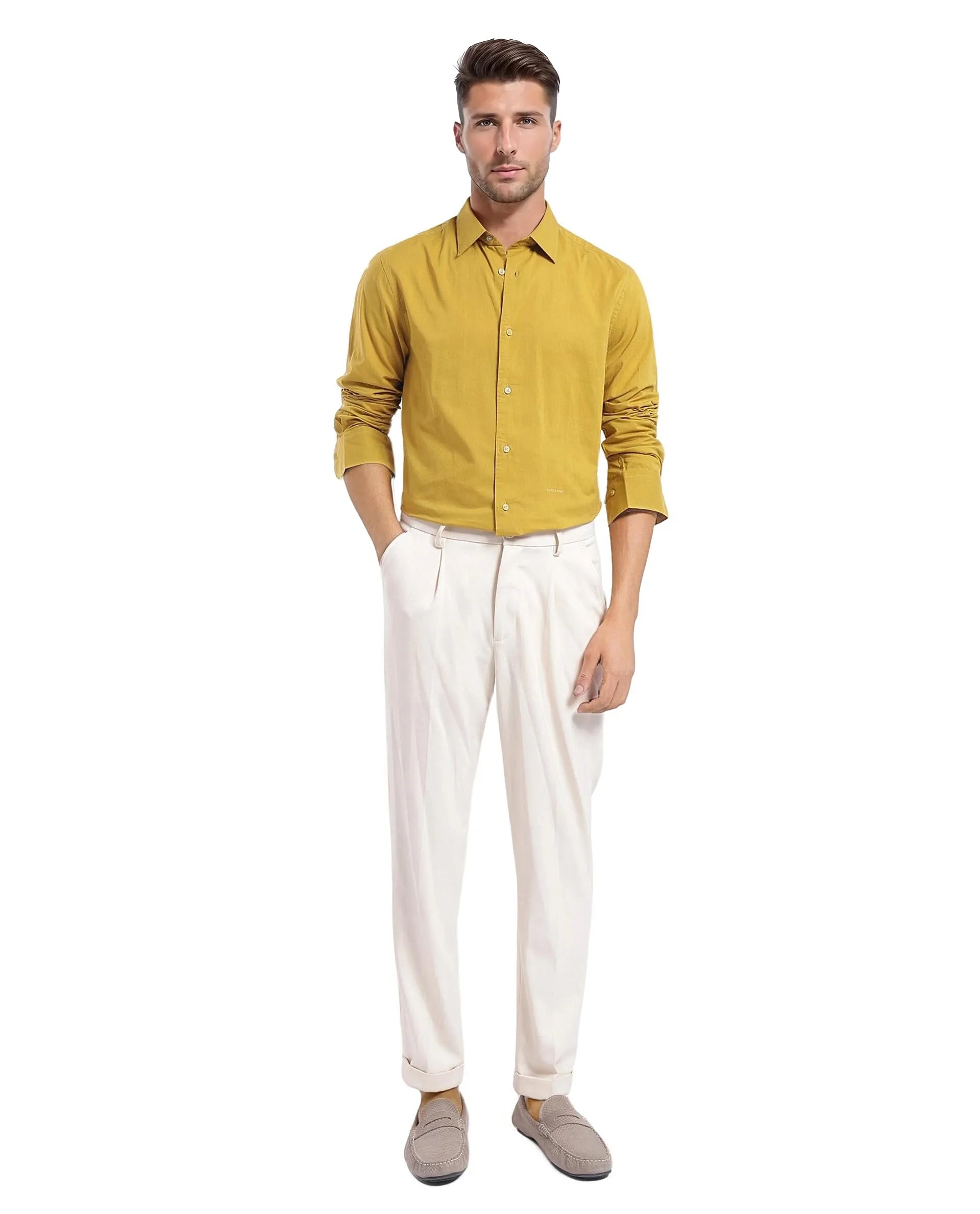 Rare Rabbit Men Cambo-1 Mustard Cotton Cambric Fabric Full Sleeves Collared Neck Button Closure Plain Shirt