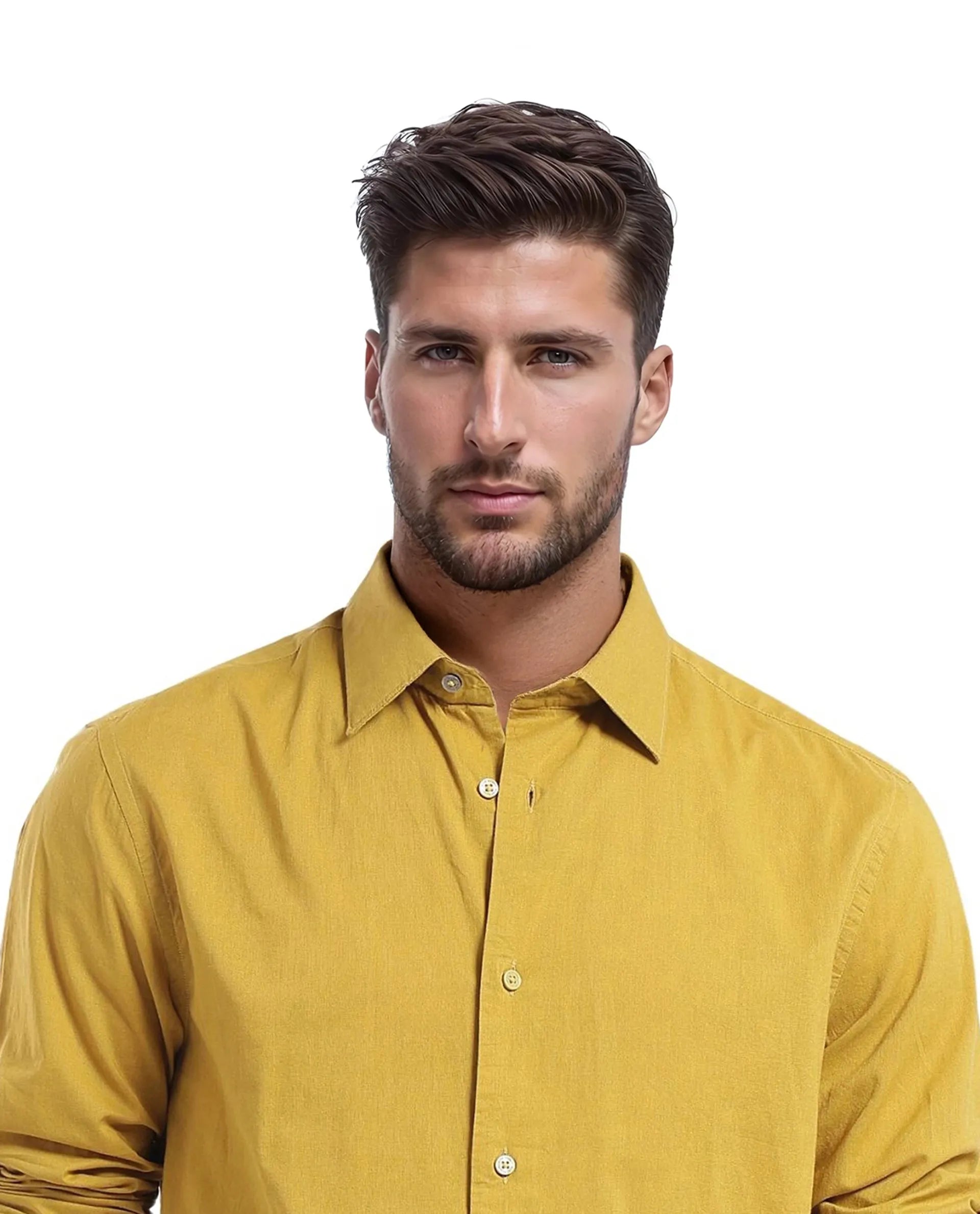 Rare Rabbit Men Cambo-1 Mustard Cotton Cambric Fabric Full Sleeves Collared Neck Button Closure Plain Shirt