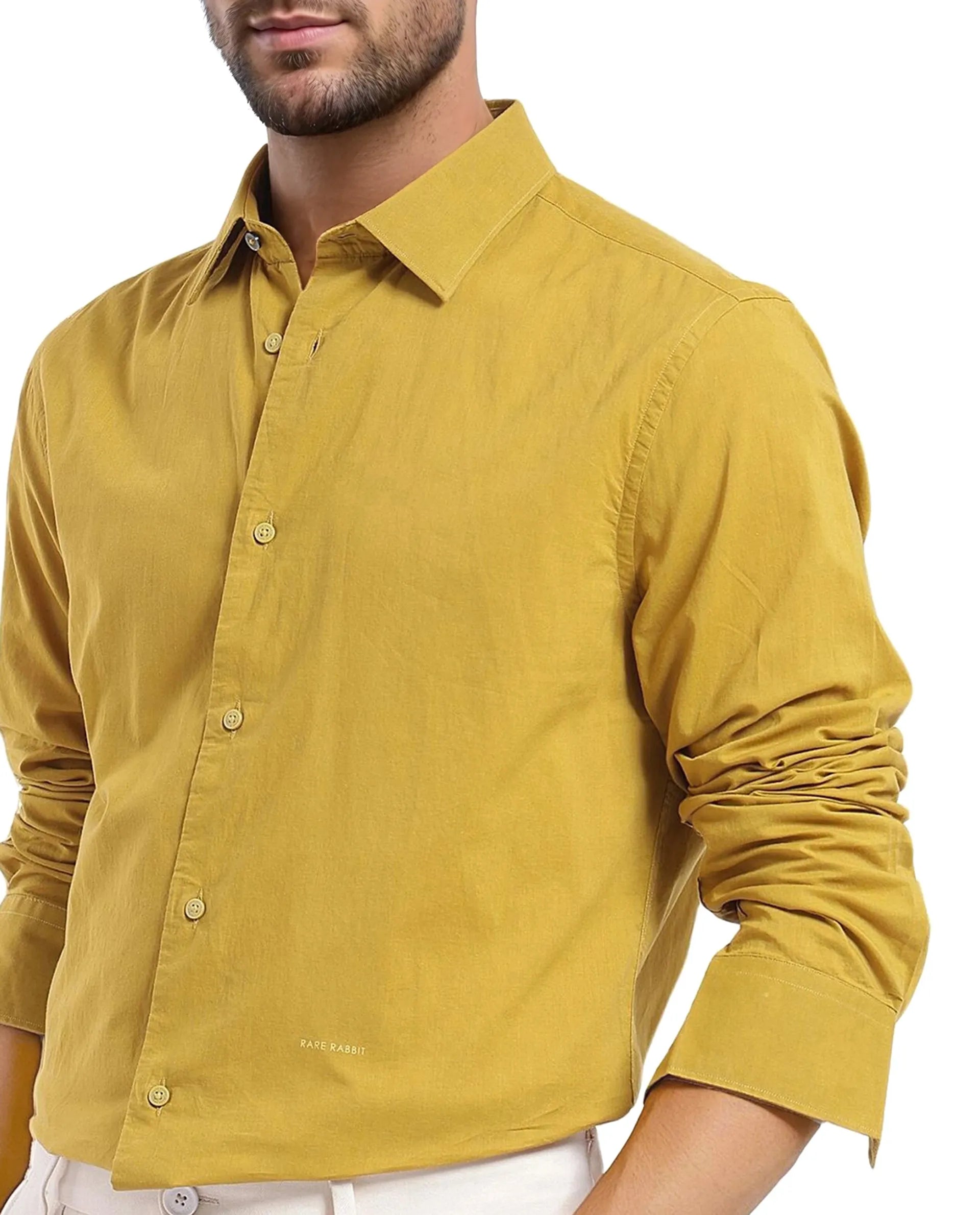 Rare Rabbit Men Cambo-1 Mustard Cotton Cambric Fabric Full Sleeves Collared Neck Button Closure Plain Shirt