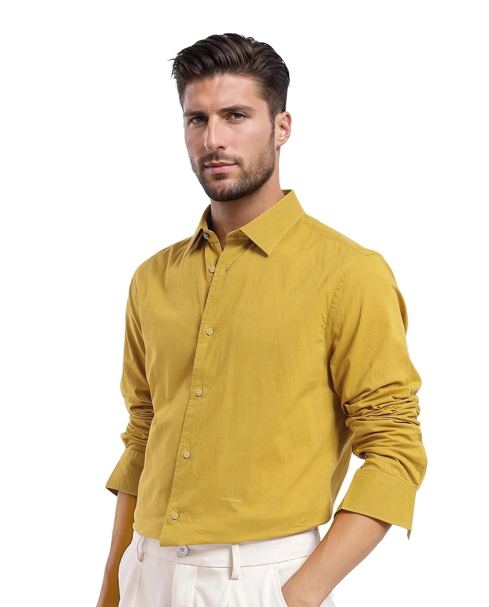 Rare Rabbit Men Cambo-1 Mustard Cotton Cambric Fabric Full Sleeves Collared Neck Button Closure Plain Shirt