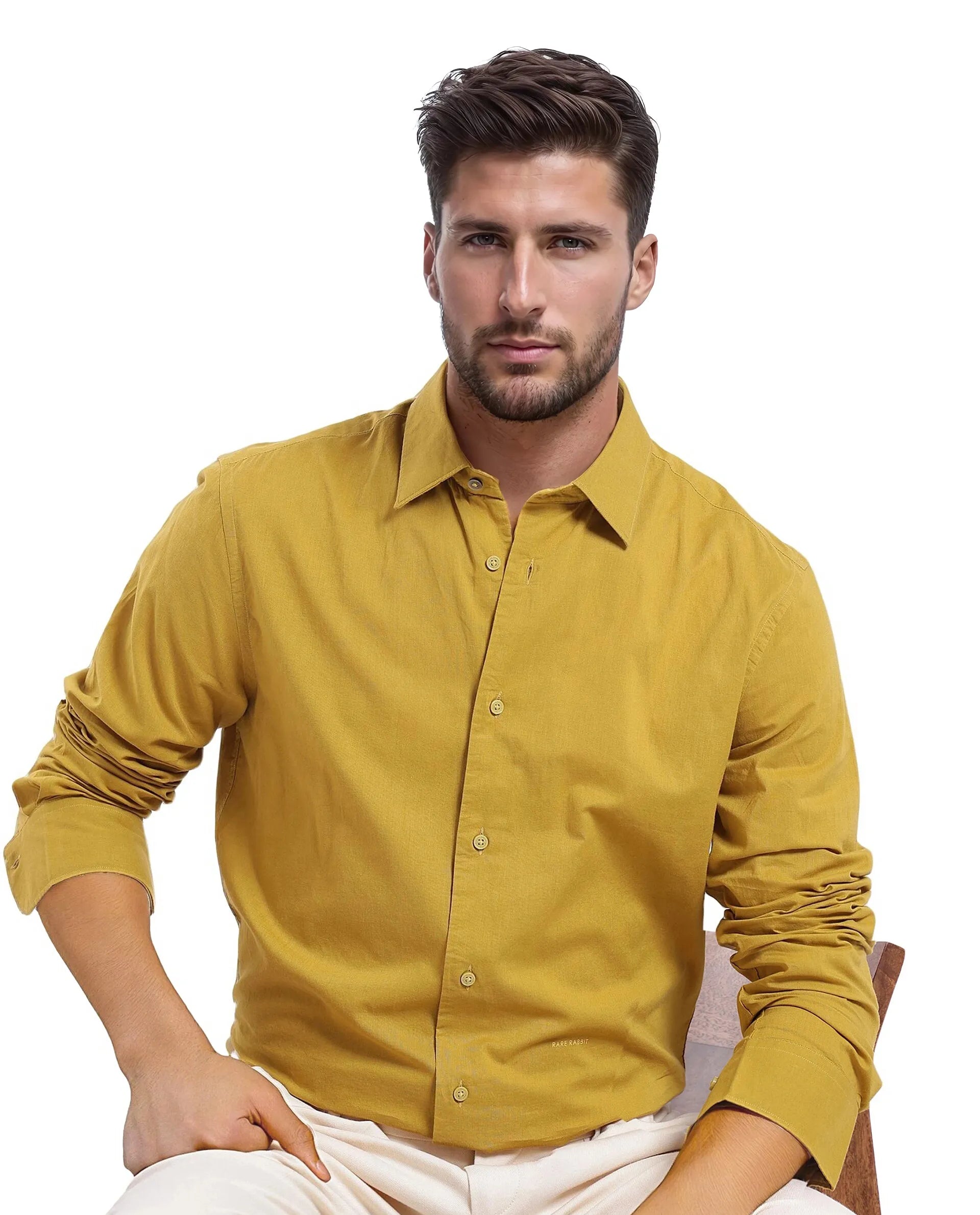 Rare Rabbit Men Cambo-1 Mustard Cotton Cambric Fabric Full Sleeves Collared Neck Button Closure Plain Shirt