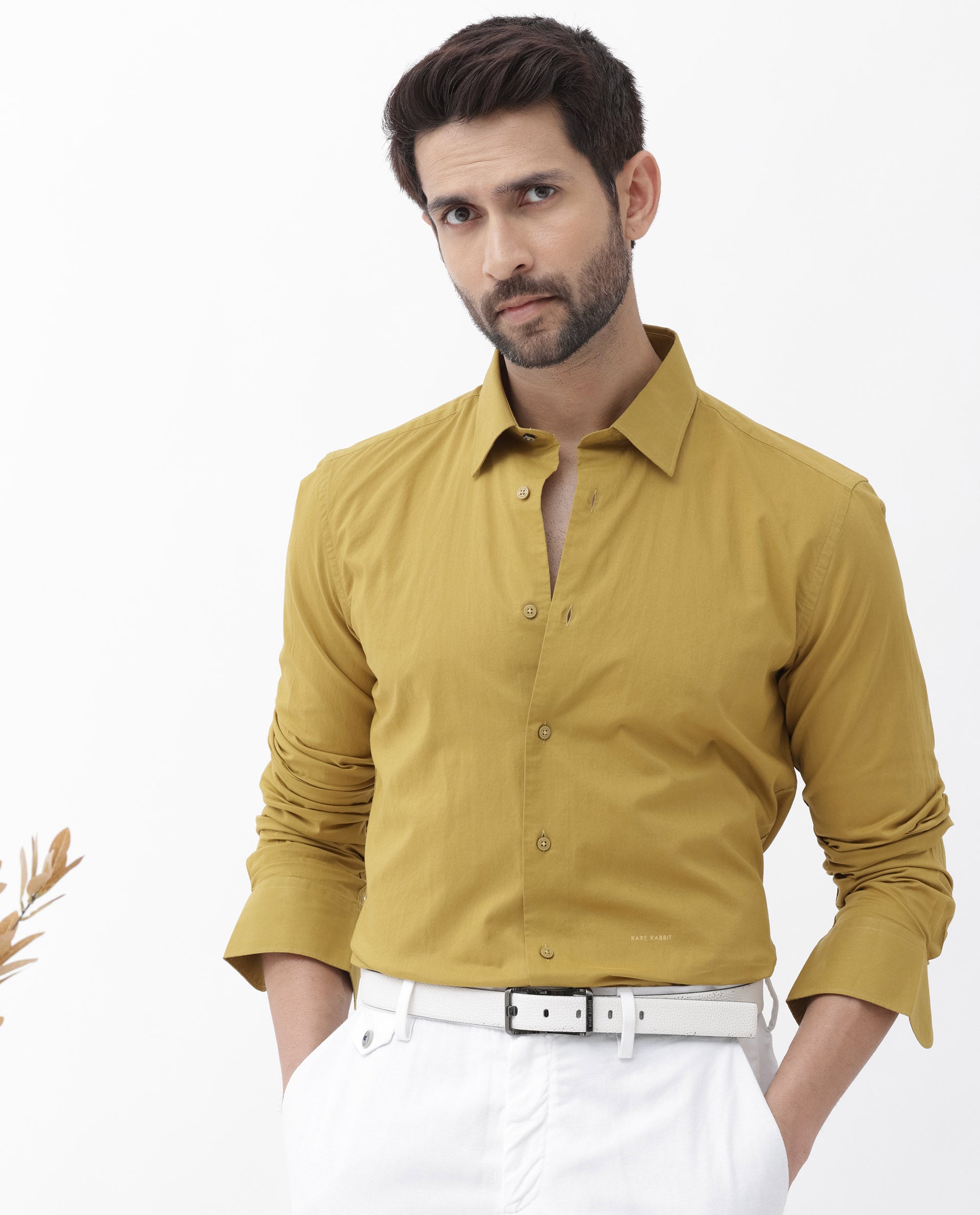 Rare Rabbit Mens Cambo Mustard Cambric Fabric Full Sleeve Solid Shirt