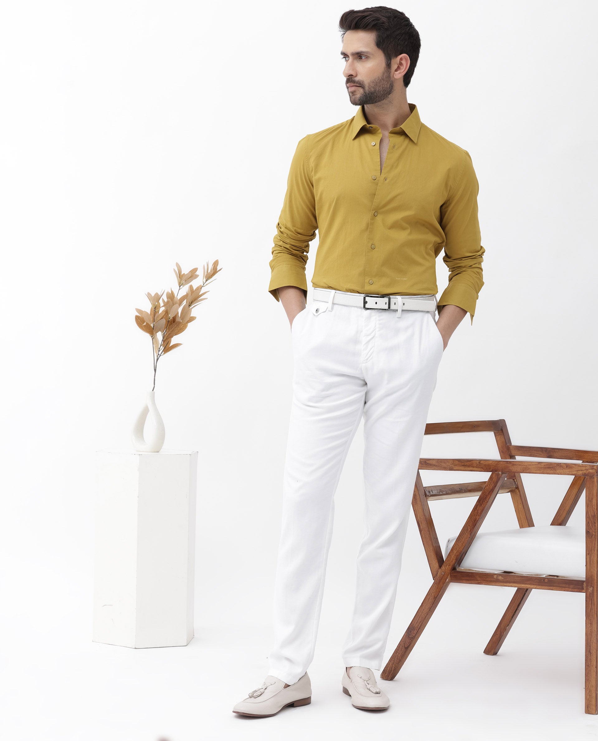 Rare Rabbit Mens Cambo Mustard Cambric Fabric Full Sleeve Solid Shirt