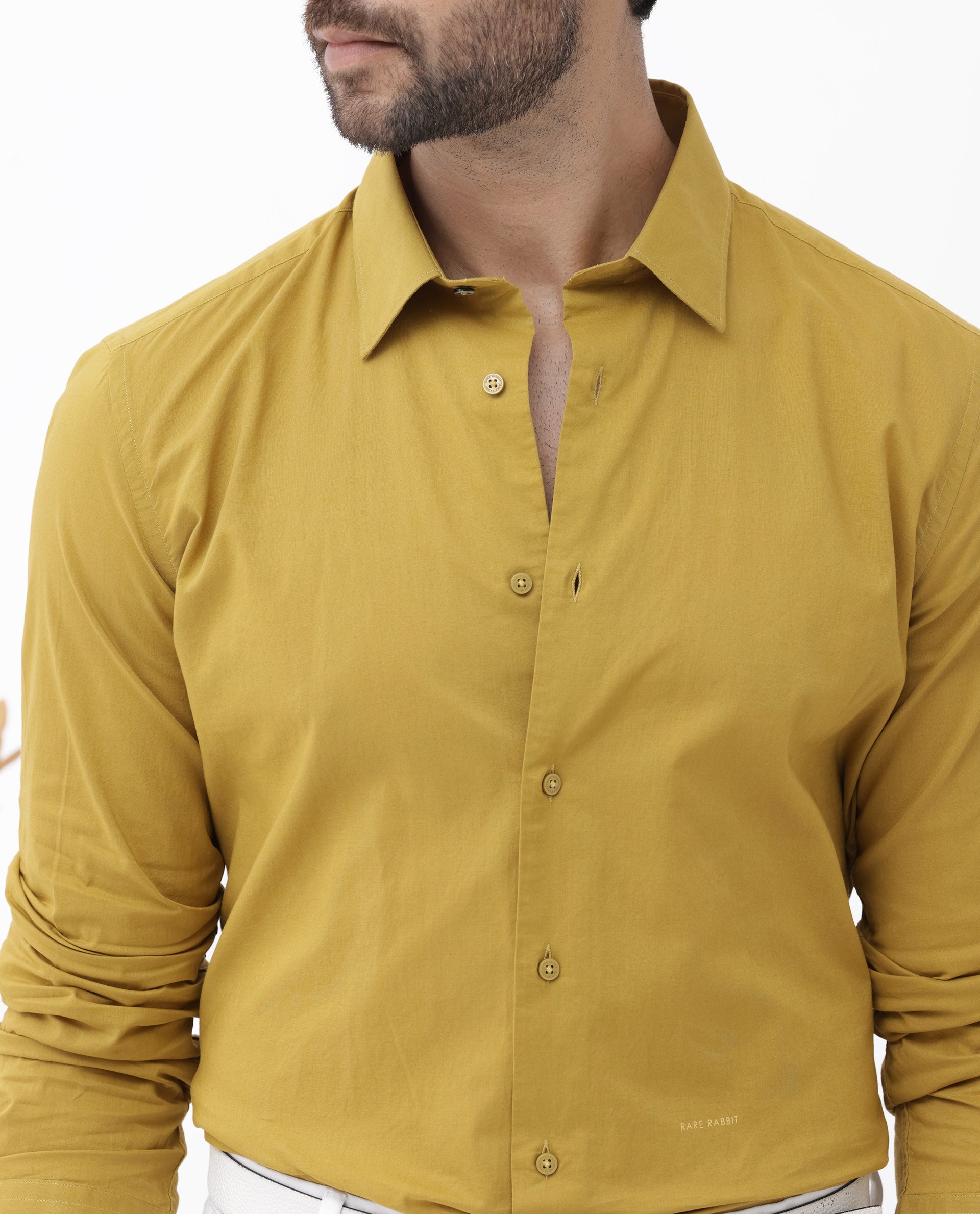 Rare Rabbit Mens Cambo Mustard Cambric Fabric Full Sleeve Solid Shirt