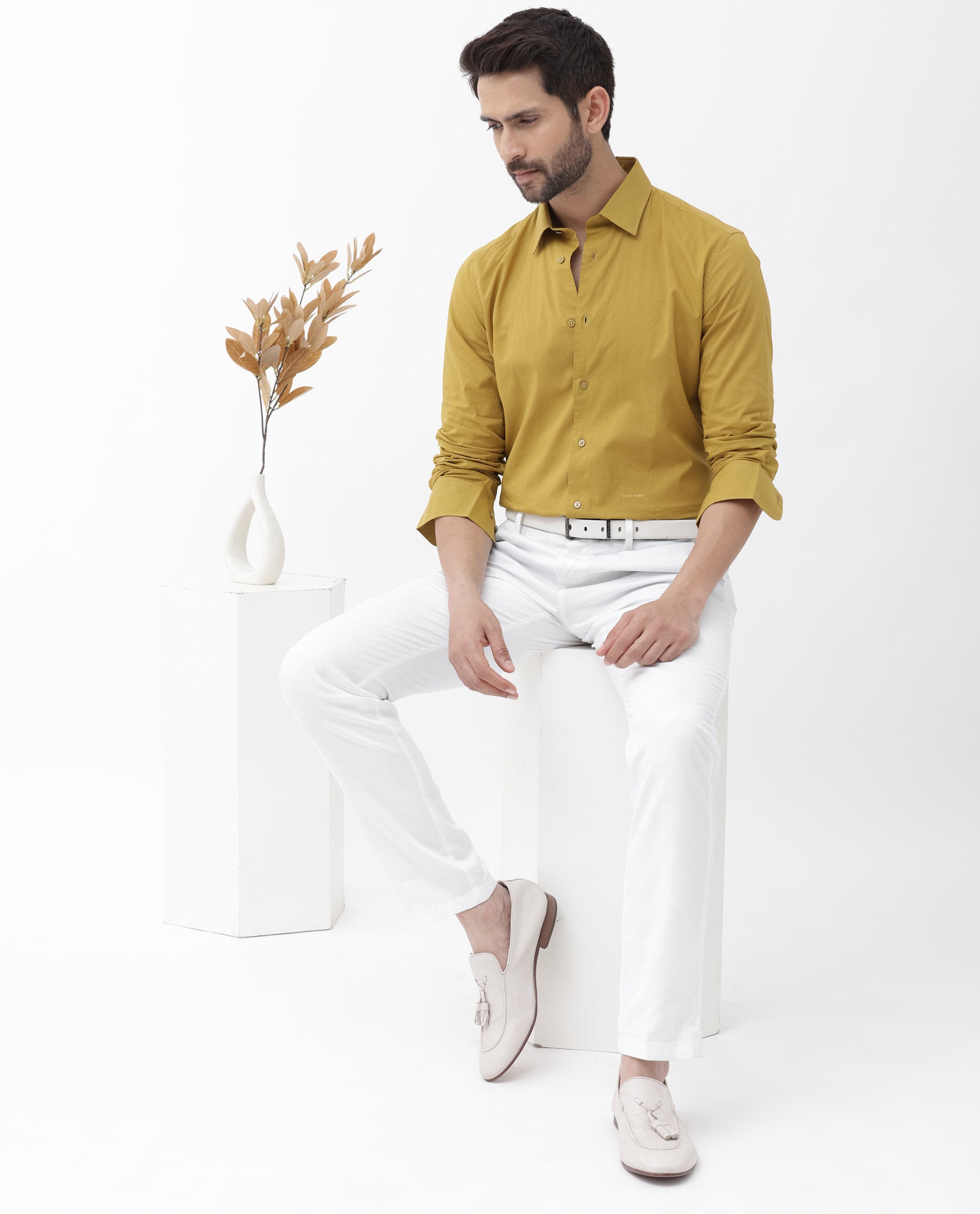 Rare Rabbit Mens Cambo Mustard Cambric Fabric Full Sleeve Solid Shirt