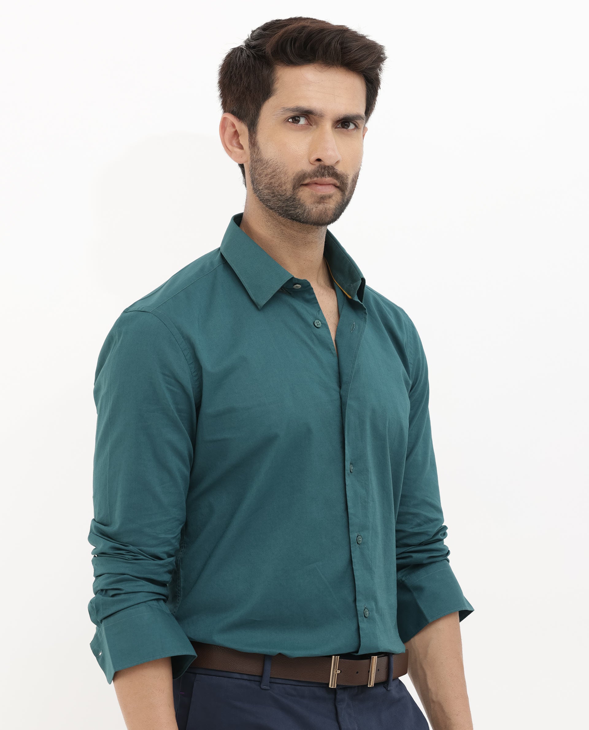 Rare Rabbit Mens Cambo Teal Cambric Fabric Full Sleeve Solid Shirt