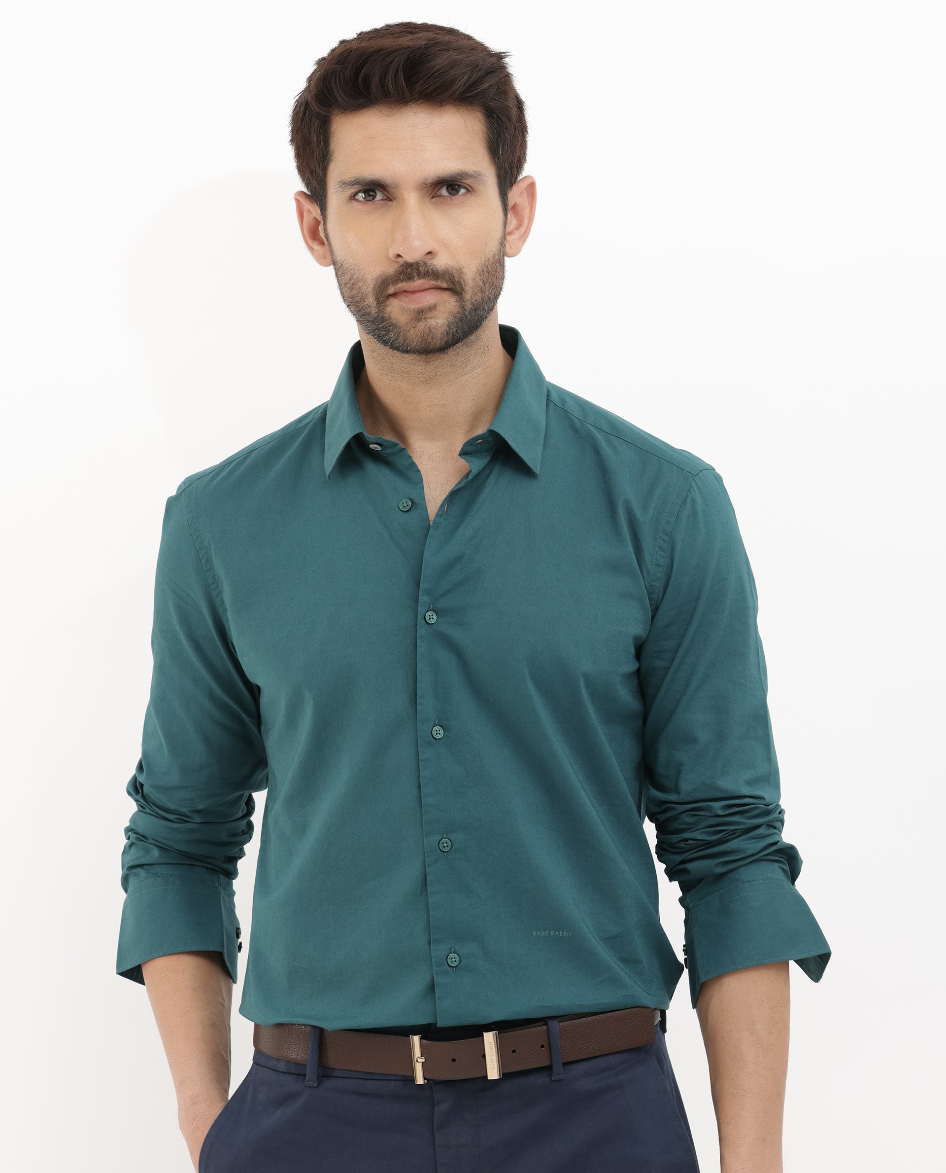 Rare Rabbit Mens Cambo Teal Cambric Fabric Full Sleeve Solid Shirt