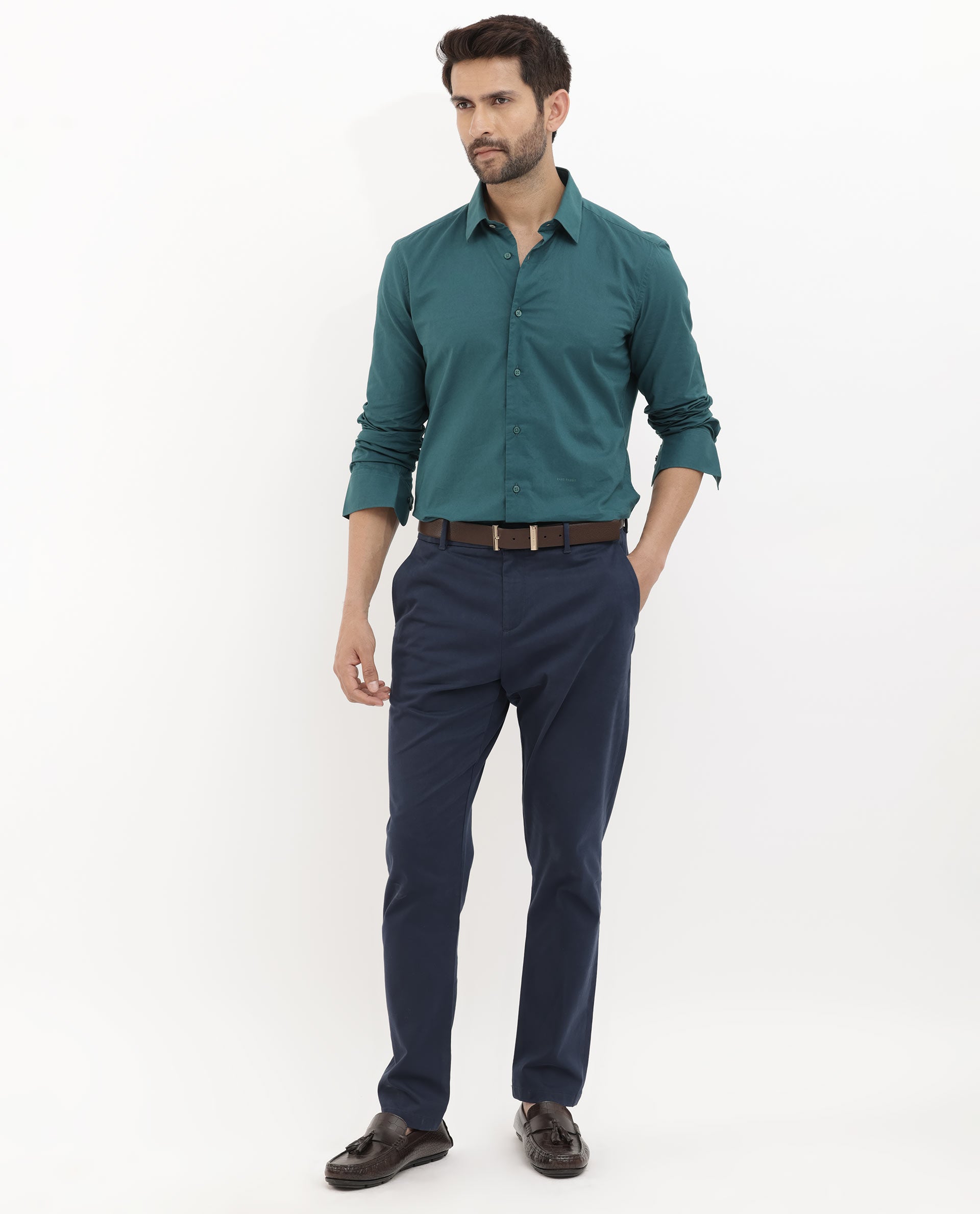 Rare Rabbit Mens Cambo Teal Cambric Fabric Full Sleeve Solid Shirt