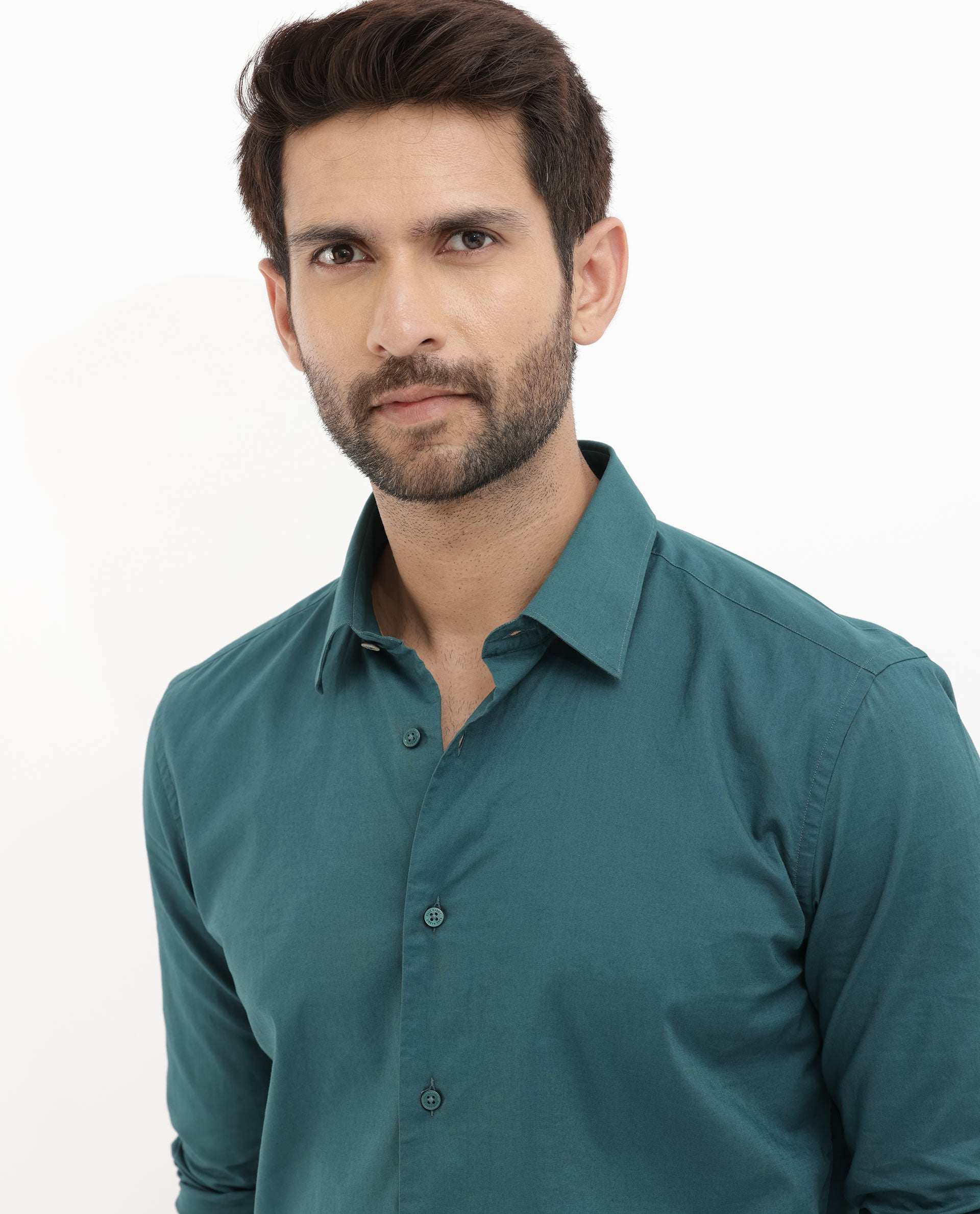 Rare Rabbit Mens Cambo Teal Cambric Fabric Full Sleeve Solid Shirt