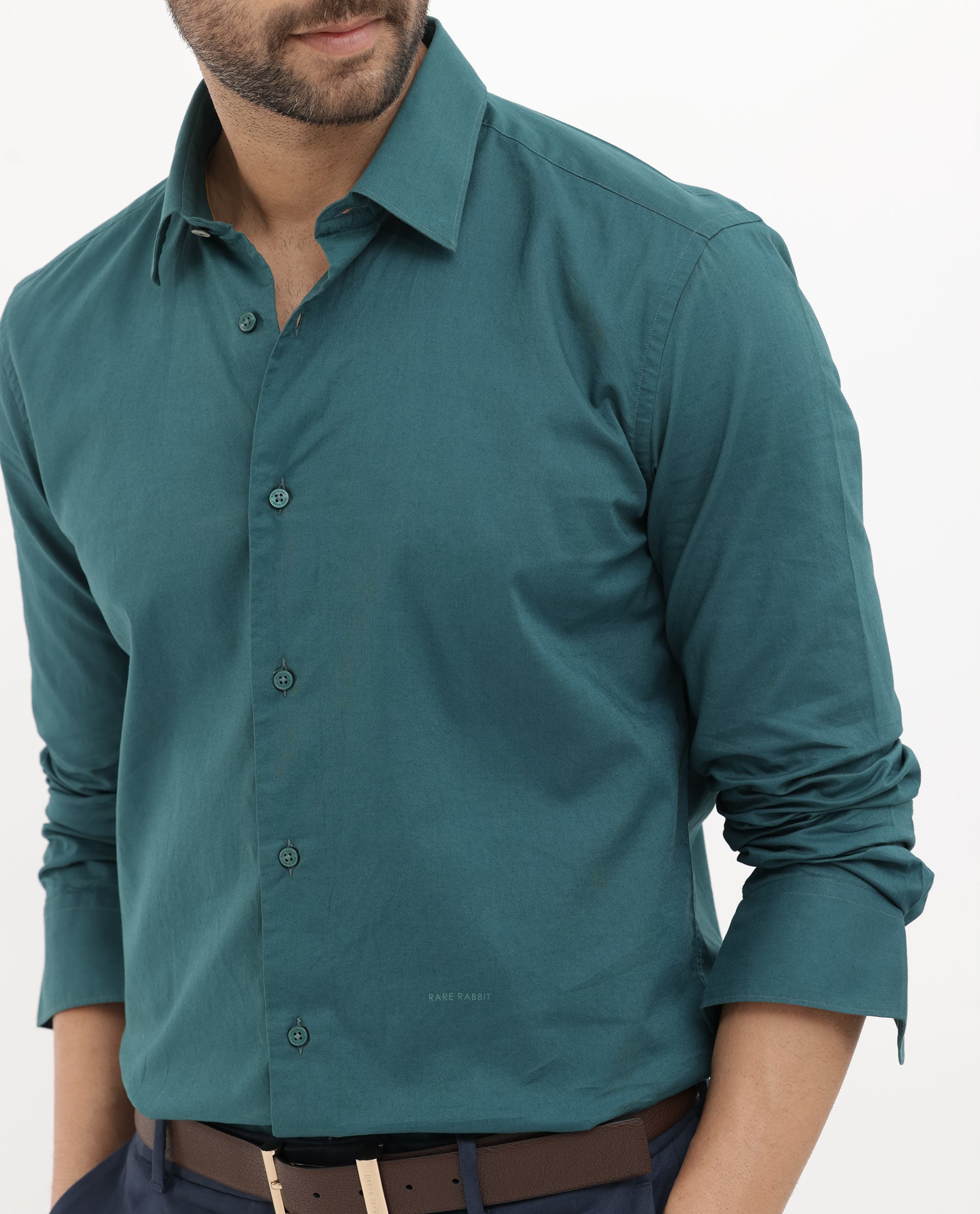 Rare Rabbit Mens Cambo Teal Cambric Fabric Full Sleeve Solid Shirt
